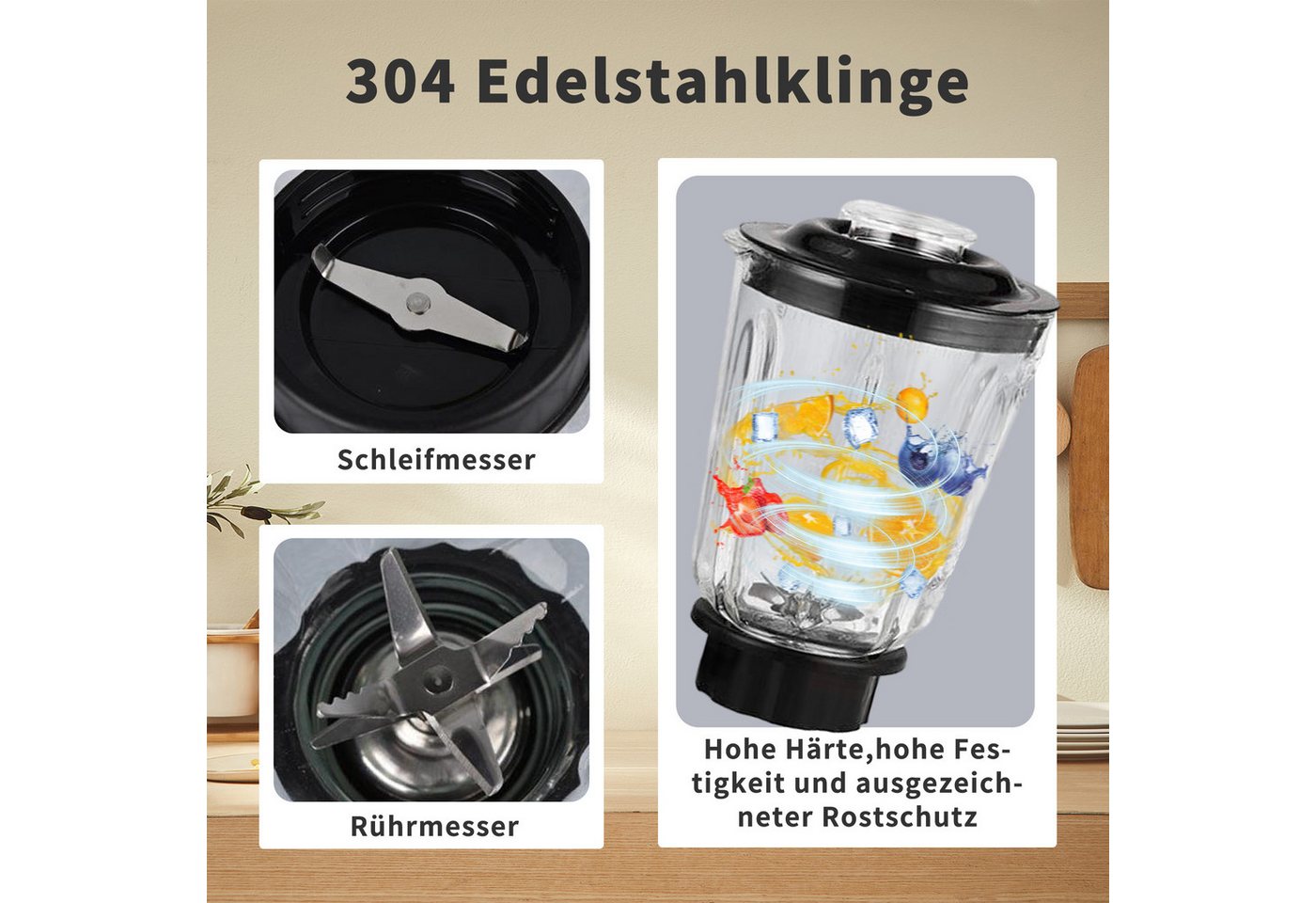 Fyrove Standmixer 2026 Neu Standmixer,Mixer VitaBoost,Edelstahl Silber Glas Smoothie, 1500 W, Maker,Milchshaker Blender 1,5 L,Eiscrusher,6-Klingen für Ice Püree Bild 4