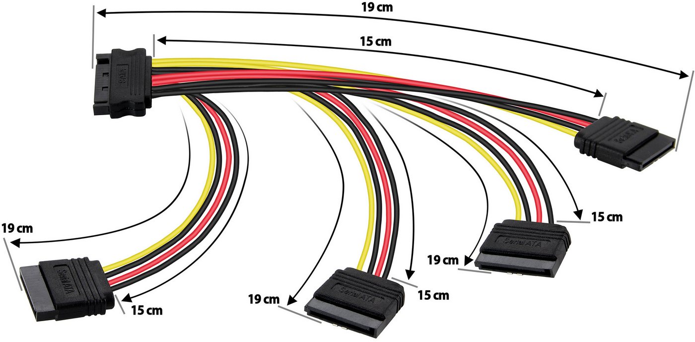 Poppstar SATA Stromkabel Verteiler 4-fach für HDD, SSD, Festplatte, Motherboard Stromkabel, Kabel Stromadapter 20cm 1x Stecker (m) auf 4x Buchse (w) Bild 2