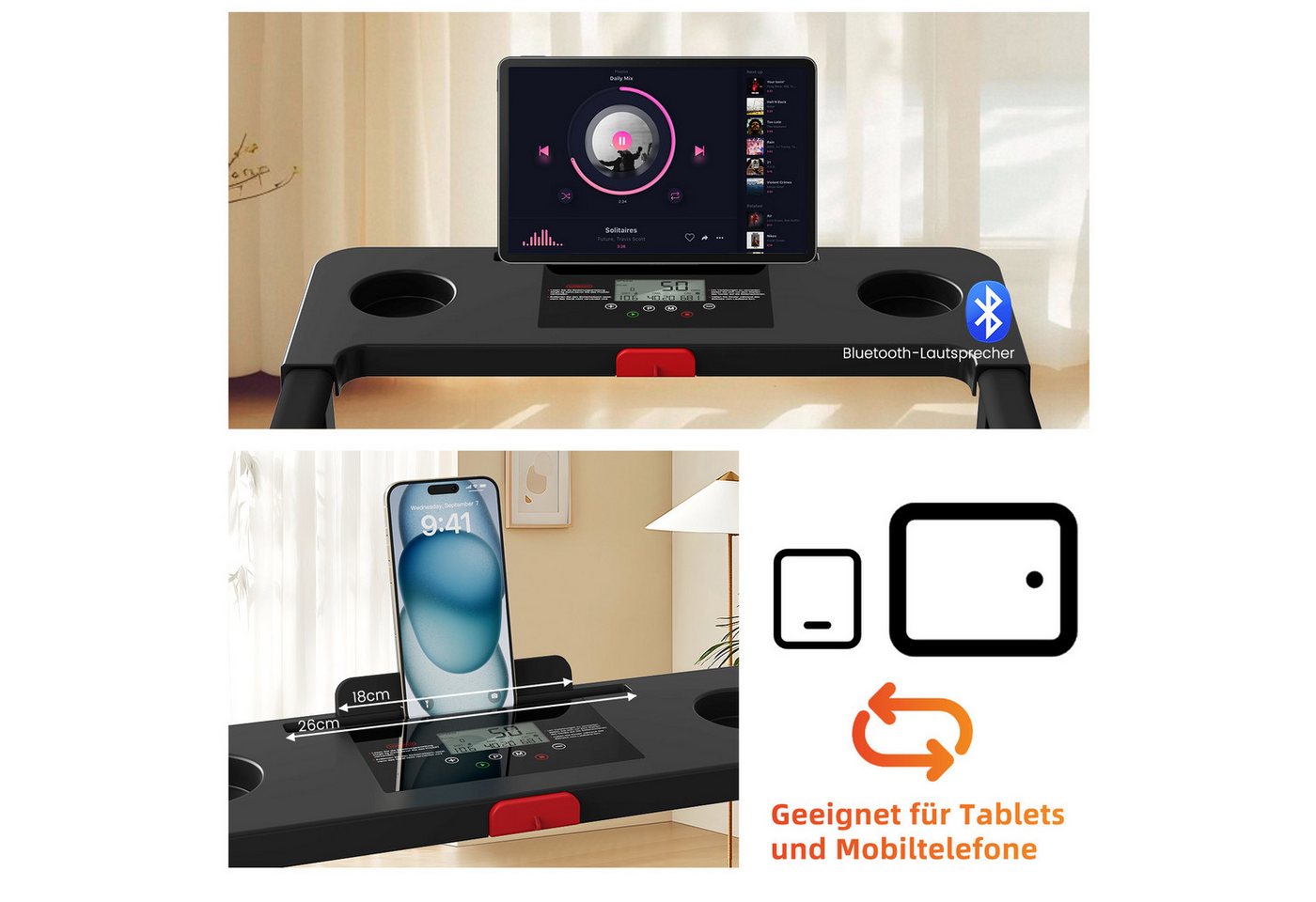 kehot Laufband Klappbares Laufband für Zuhause mit Bluetooth & App-Steuerung (Walking Pad bis 12 km/h, Leises Elektrisches Fitnessgerät mit LED-Display, 2,5 PS Heimtrainer mit Handlauf, Tablet-Halter & belastb:ar bis 136 kg), mit Toolkit und Schmiermittel Bild 4