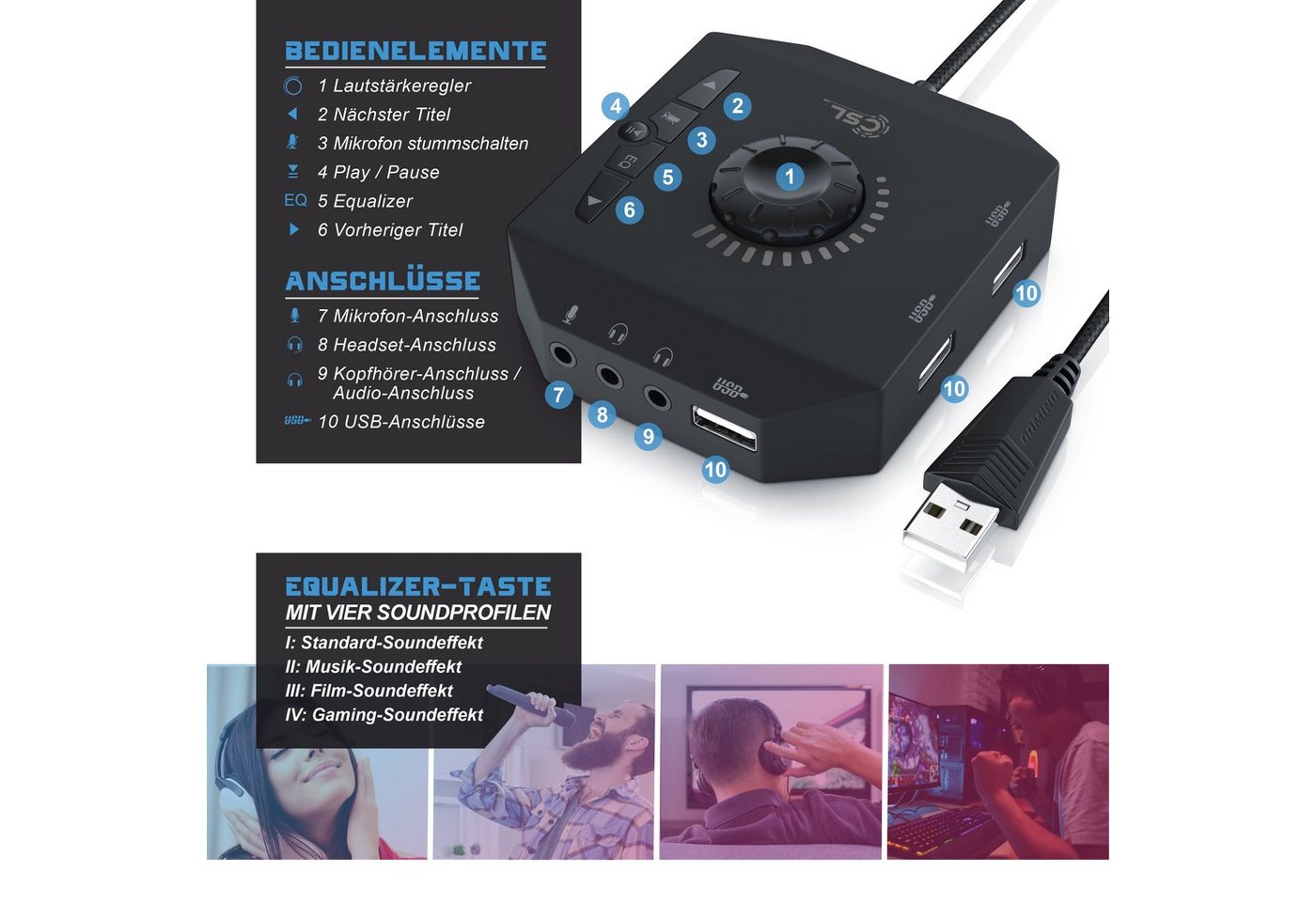 CSL USB-Soundkarte, extern, Lautstärkeregelung, Anschluss für Headset, Kopfhörer, Mikrofon Bild 2