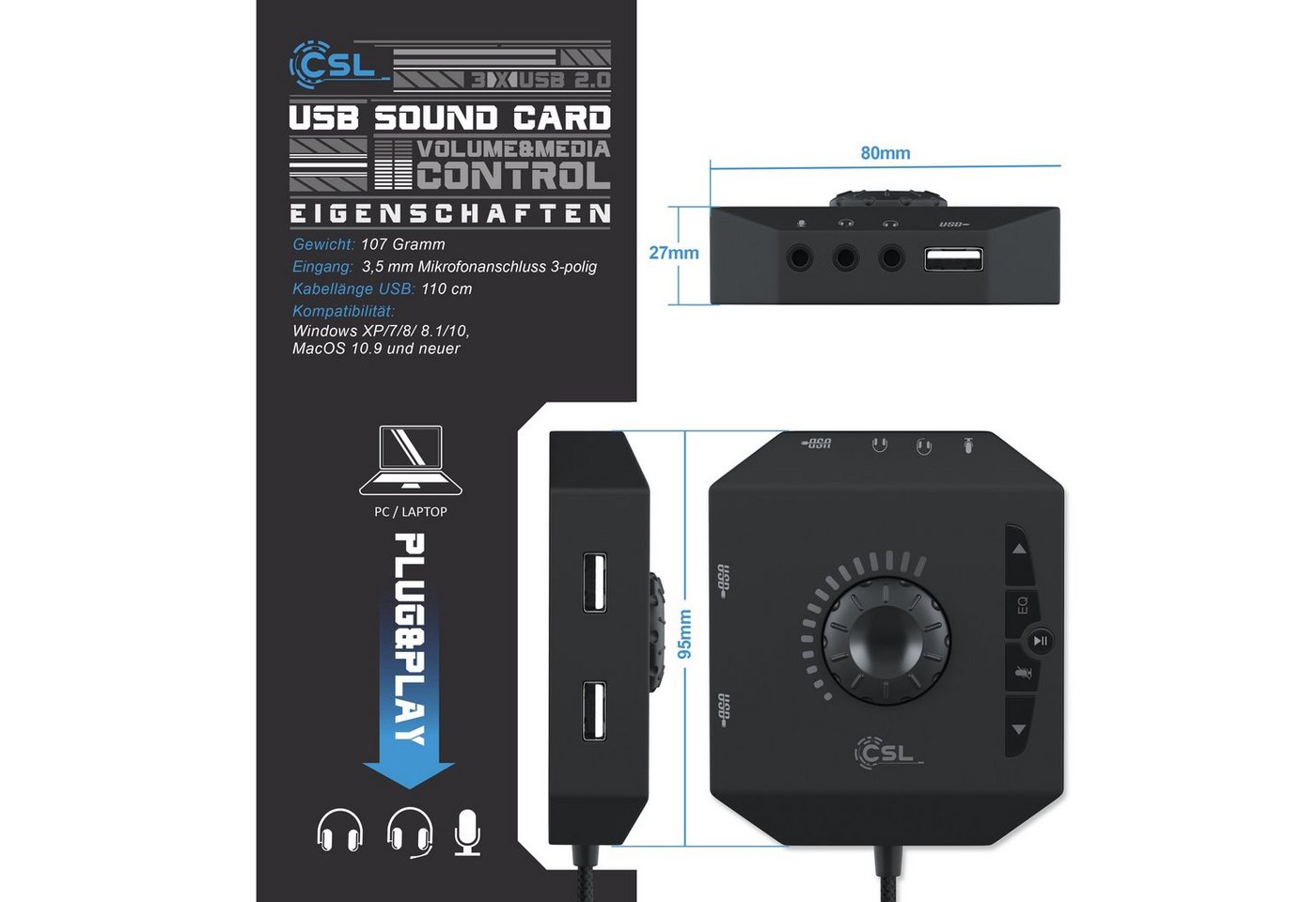 CSL USB-Soundkarte, extern, Lautstärkeregelung, Anschluss für Headset, Kopfhörer, Mikrofon Bild 3