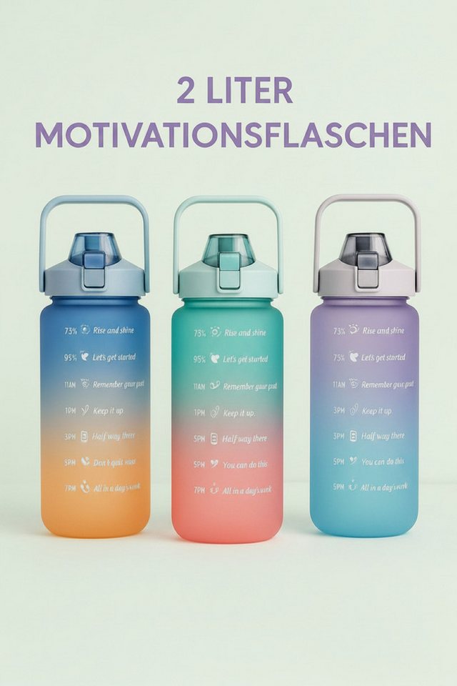 Botells Trinkflasche 2 Liter, Trinkmotivation mit Strohhalm, schöner Farbverlauf mit Henkel, auslaufsicher, BPA frei, für Camping, Reisen, Schule, Sport und Büro Bild 4