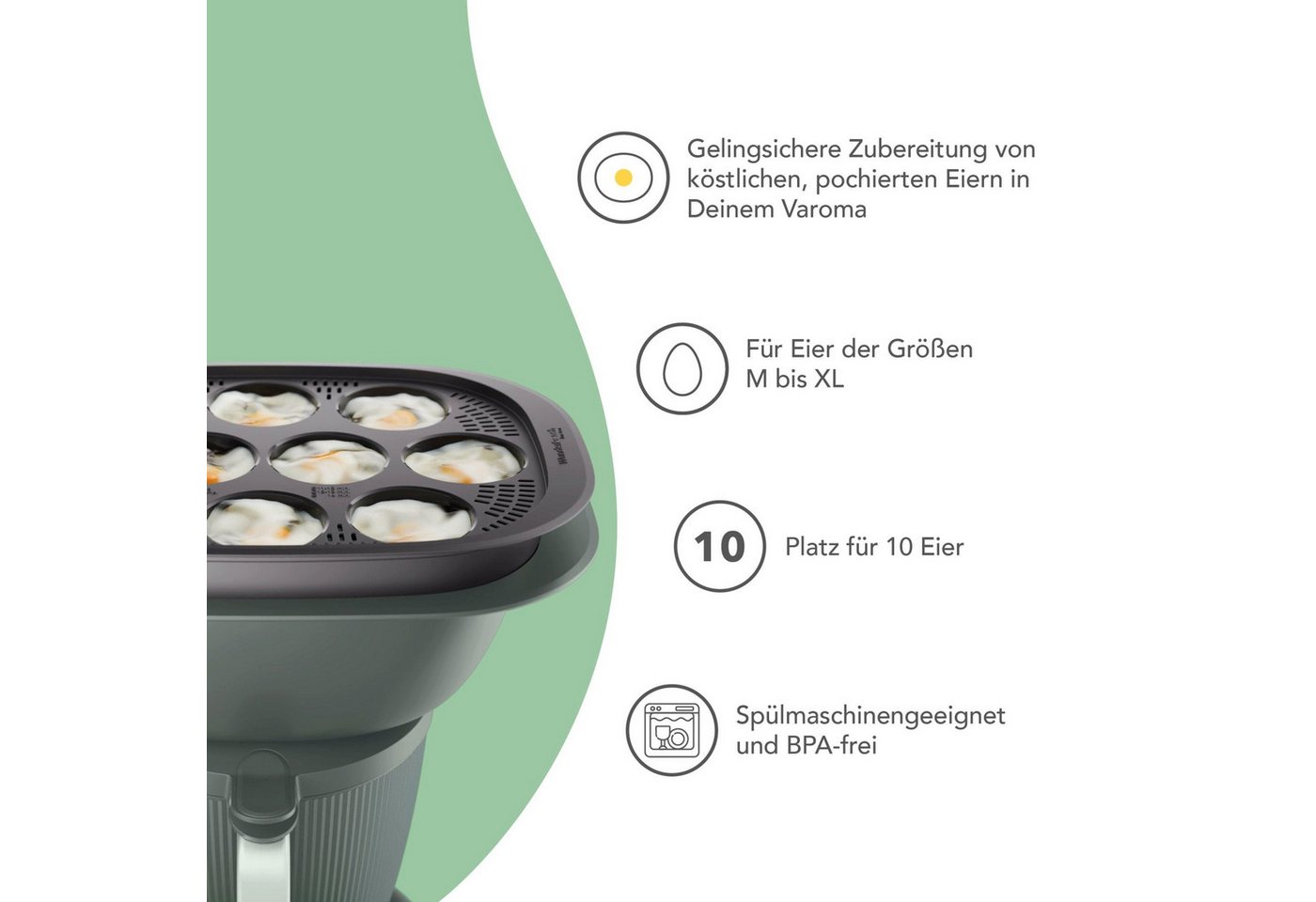 Wundermix Dampfgaraufsatz WunderPoach® for ten, Eierpochiereinsatz für TM7, Zubehör für TM7, Pochierte Eier aus dem Varoma