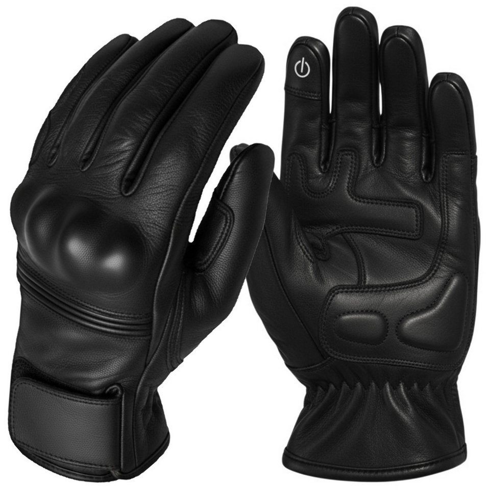 MDM Motorradhandschuhe Retro Motorrad Lederhandschuhe mit Knöchelschutz & Grip Polster Knöchelschutz mit Hartschale, Zeitloses Full-Black Design Bild 2