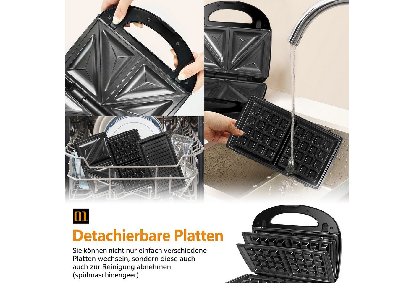 OZAVO 3-in-1-Sandwichmaker Sandwichtoaster, Waffeleisen,Kontaktgrill 23*23cm, 750 W, Antihaftbeschichtete abnehmbare Platten