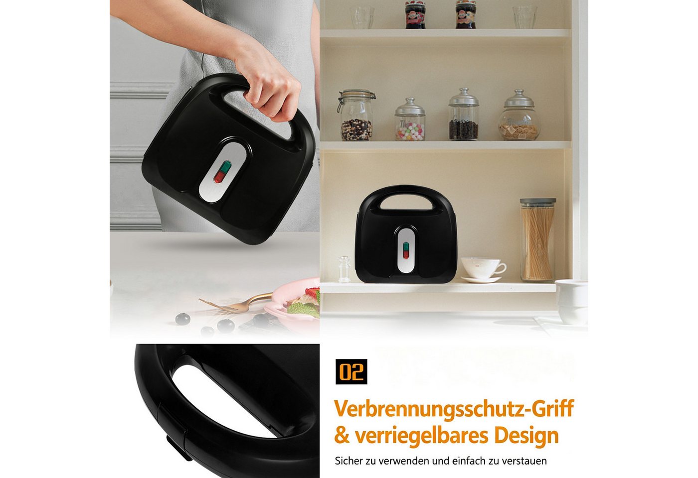 OZAVO 3-in-1-Sandwichmaker Sandwichtoaster, Waffeleisen,Kontaktgrill 23*23cm, 750 W, Antihaftbeschichtete abnehmbare Platten Bild 2