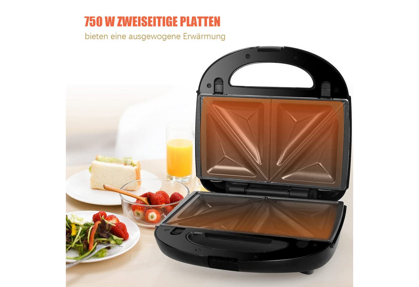 OZAVO 3-in-1-Sandwichmaker Sandwichtoaster, Waffeleisen,Kontaktgrill 23*23cm, 750 W, Antihaftbeschichtete abnehmbare Platten Bild 3