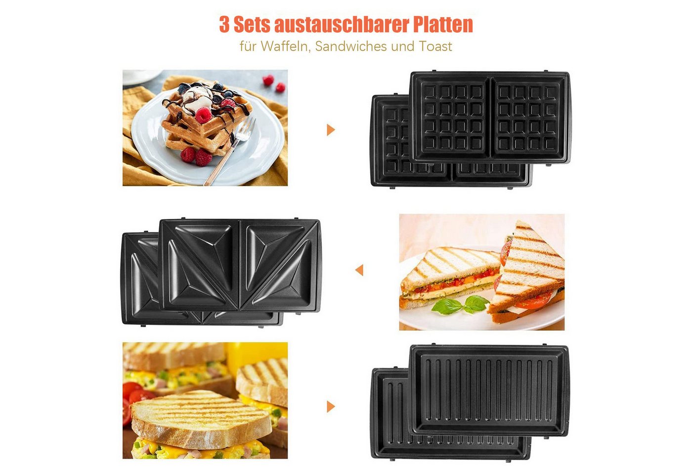 OZAVO 3-in-1-Sandwichmaker Sandwichtoaster, Waffeleisen,Kontaktgrill 23*23cm, 750 W, Antihaftbeschichtete abnehmbare Platten Bild 5