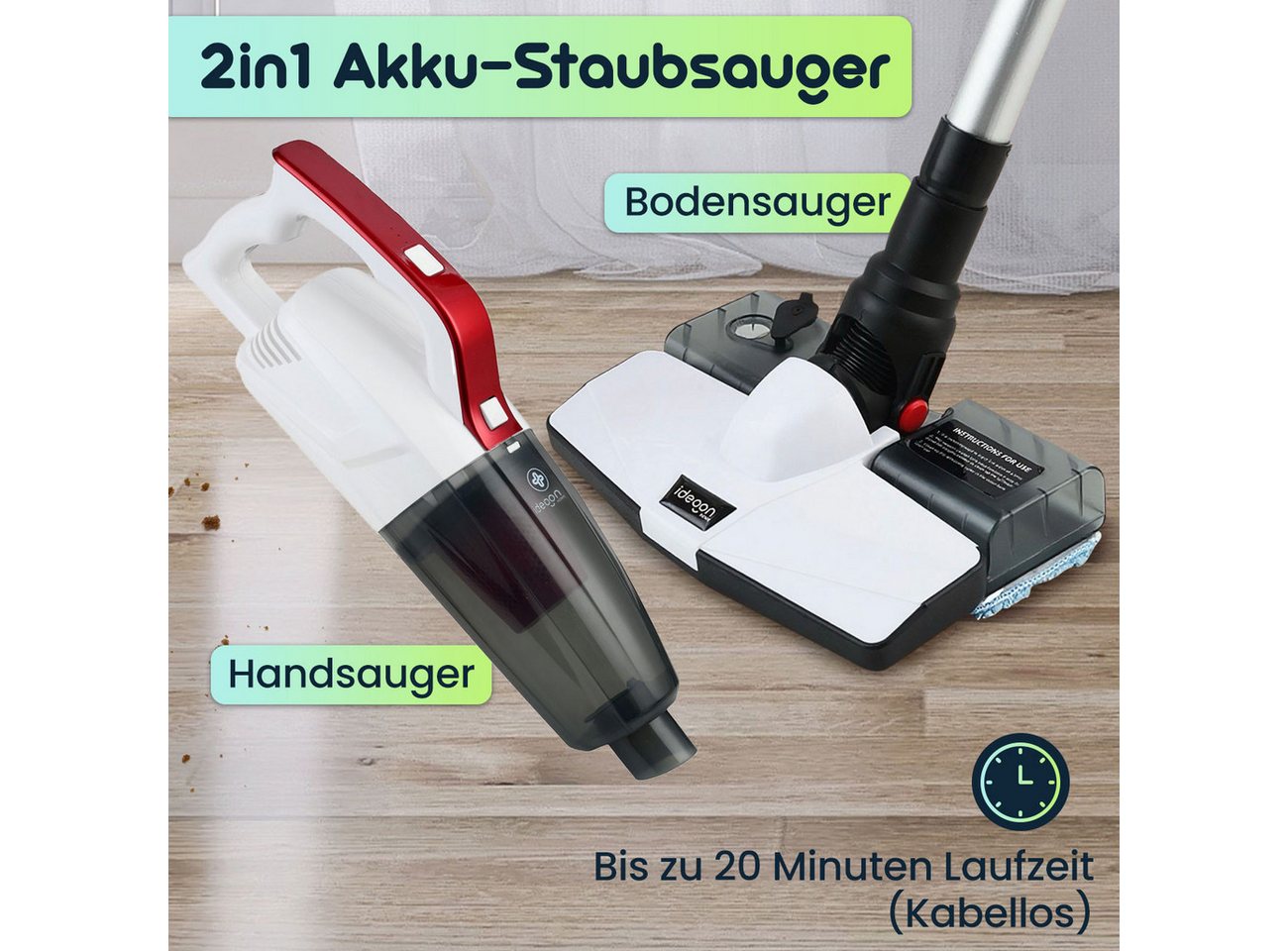 shop'n smile ideoon Akku-Handstaubsauger 2in1-Akku Staubsauger 9W Nass-&Trockensauger 7kPa beutel-&kabellos, 9 W, beutellos, Hand-&Bodensauger HEPA-Filter 2.200 mAh Li-Ion-Akku 20 Min Laufzeit