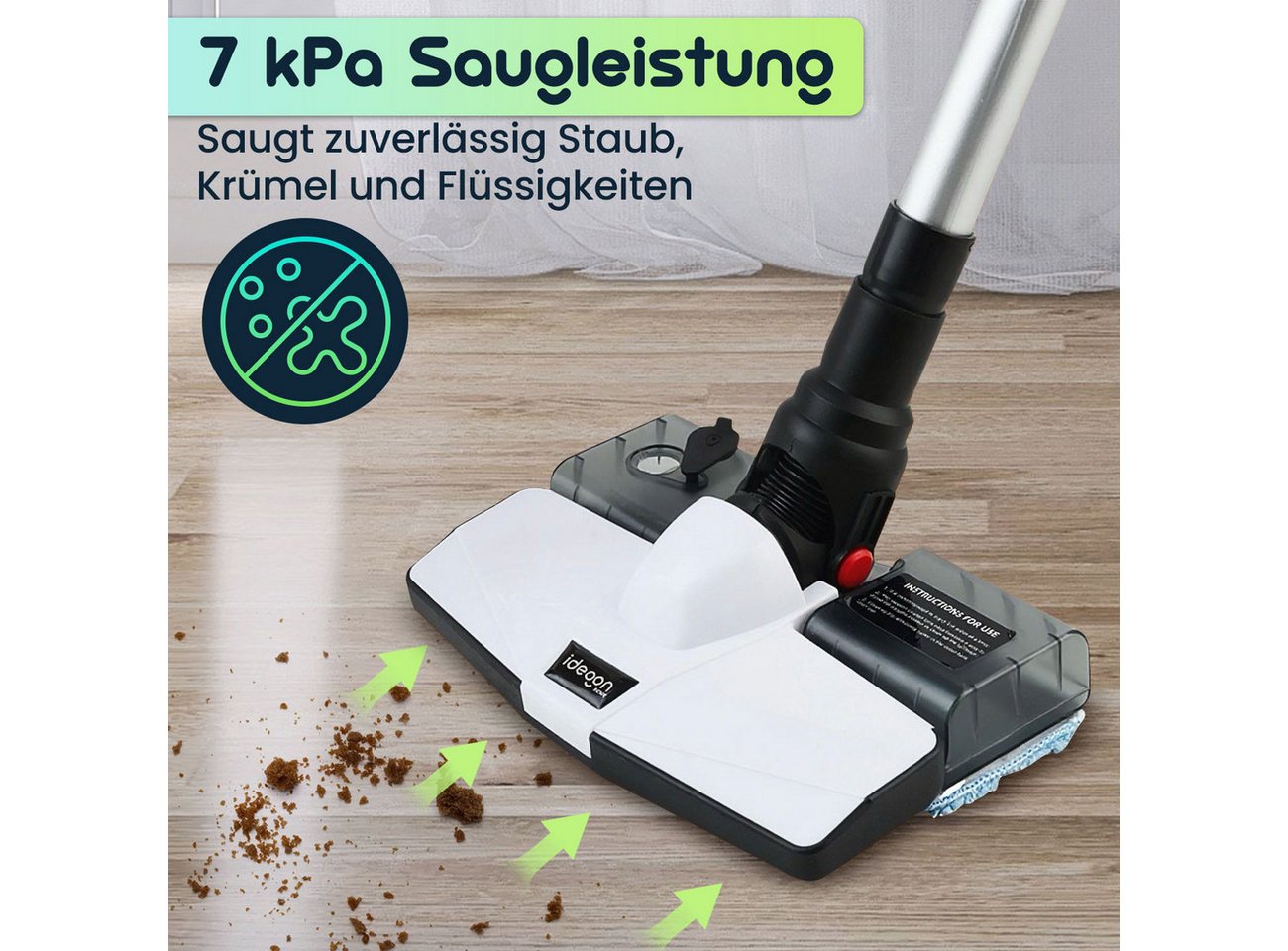 shop'n smile ideoon Akku-Handstaubsauger 2in1-Akku Staubsauger 9W Nass-&Trockensauger 7kPa beutel-&kabellos, 9 W, beutellos, Hand-&Bodensauger HEPA-Filter 2.200 mAh Li-Ion-Akku 20 Min Laufzeit Bild 2