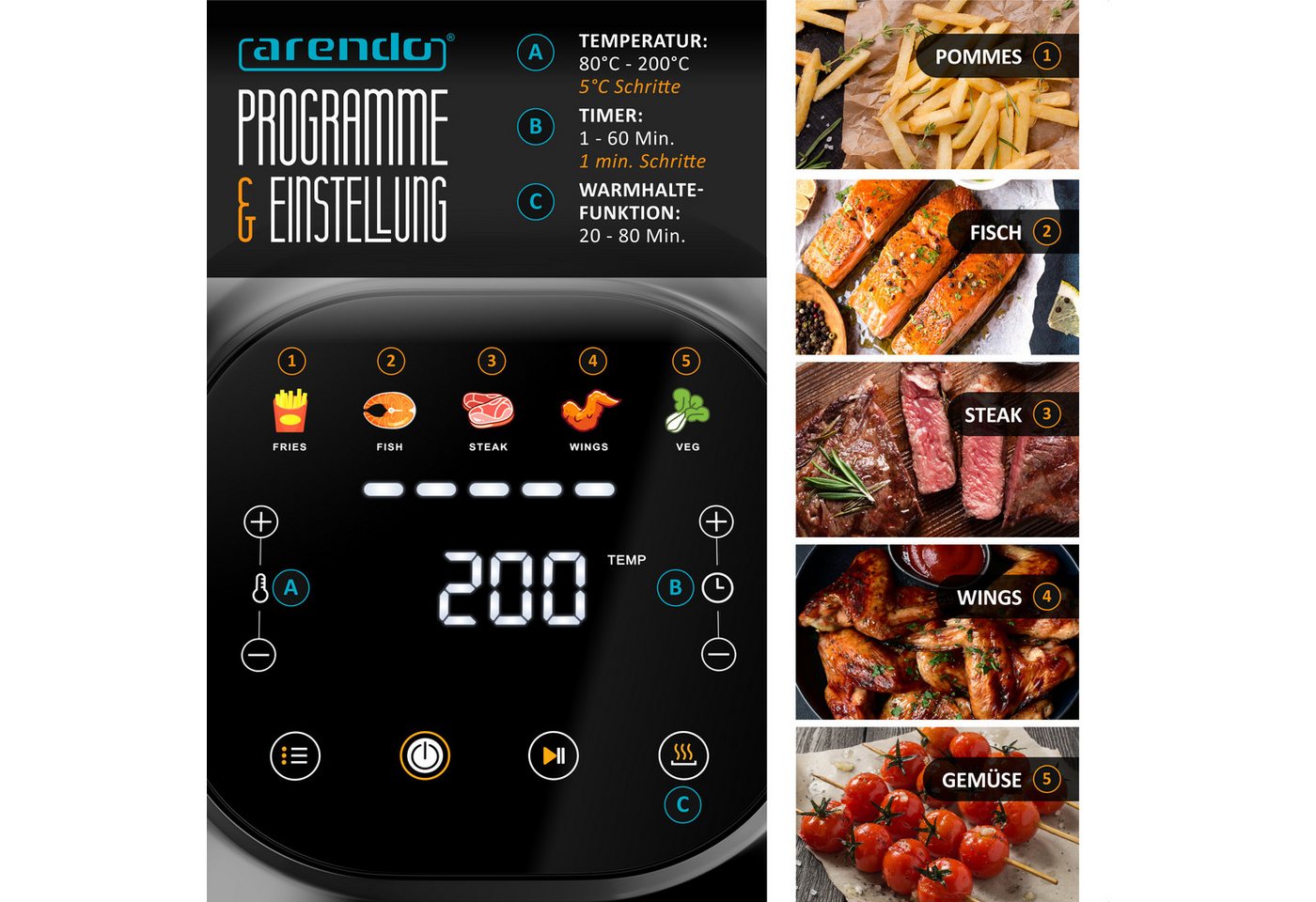 Arendo Heißluftfritteuse Mini-Airfryer 308537, 1000 W, mit Zubehör, Umluft Backofen, Edelstahl, fettarmes gesundes Kochen