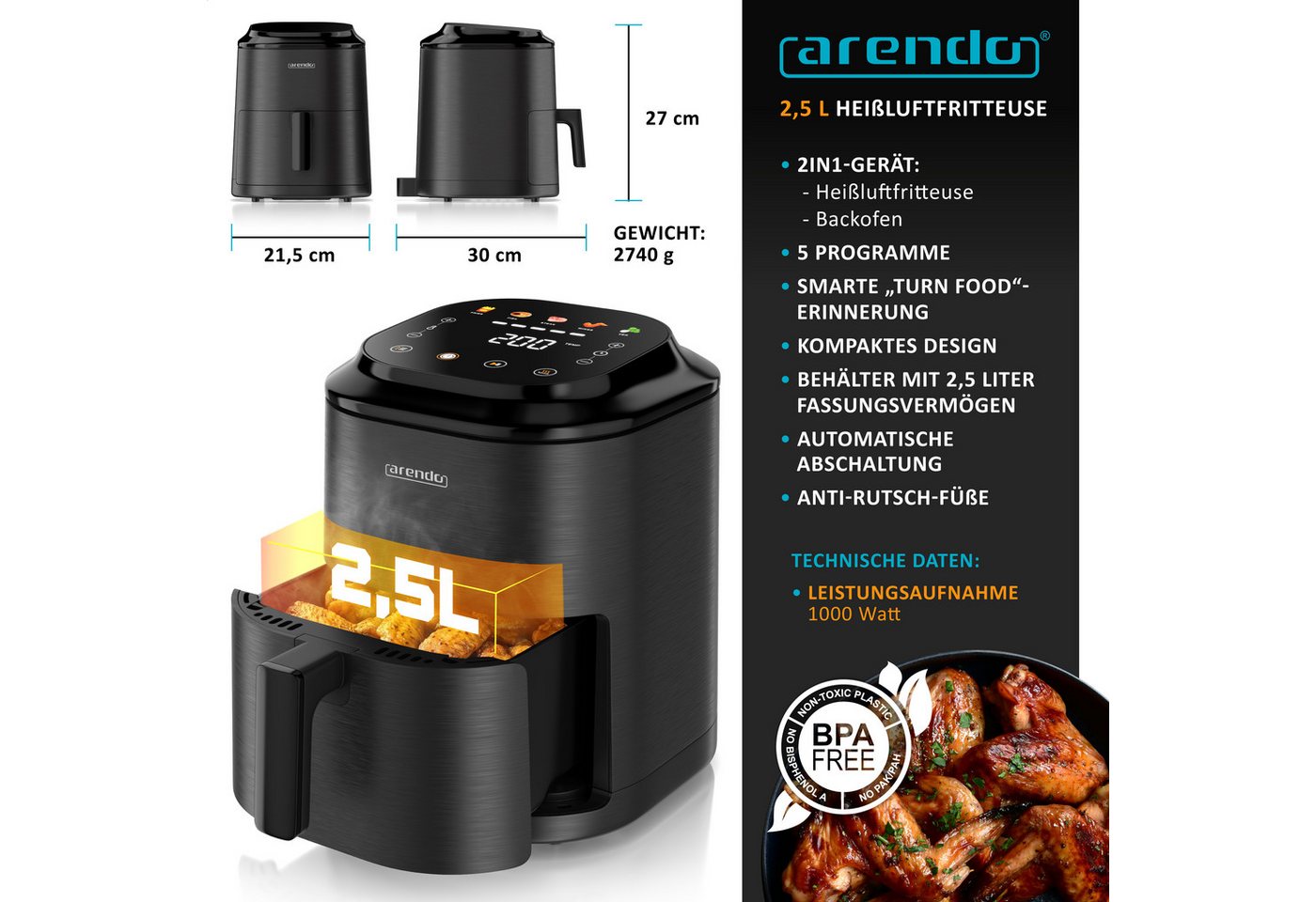 Arendo Heißluftfritteuse Mini-Airfryer 308537, 1000 W, mit Zubehör, Umluft Backofen, Edelstahl, fettarmes gesundes Kochen Bild 2