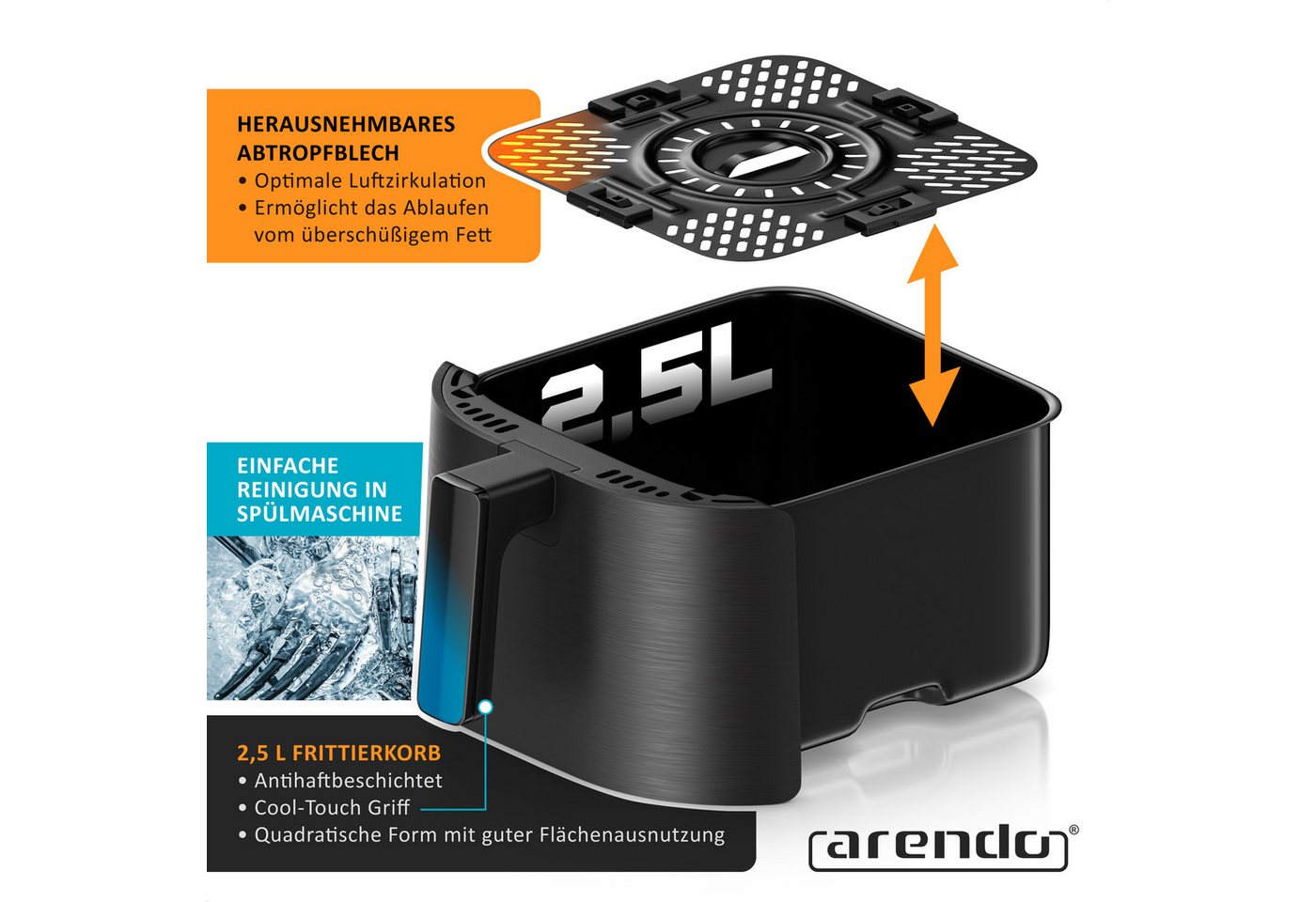 Arendo Heißluftfritteuse Mini-Airfryer 308537, 1000 W, mit Zubehör, Umluft Backofen, Edelstahl, fettarmes gesundes Kochen Bild 3