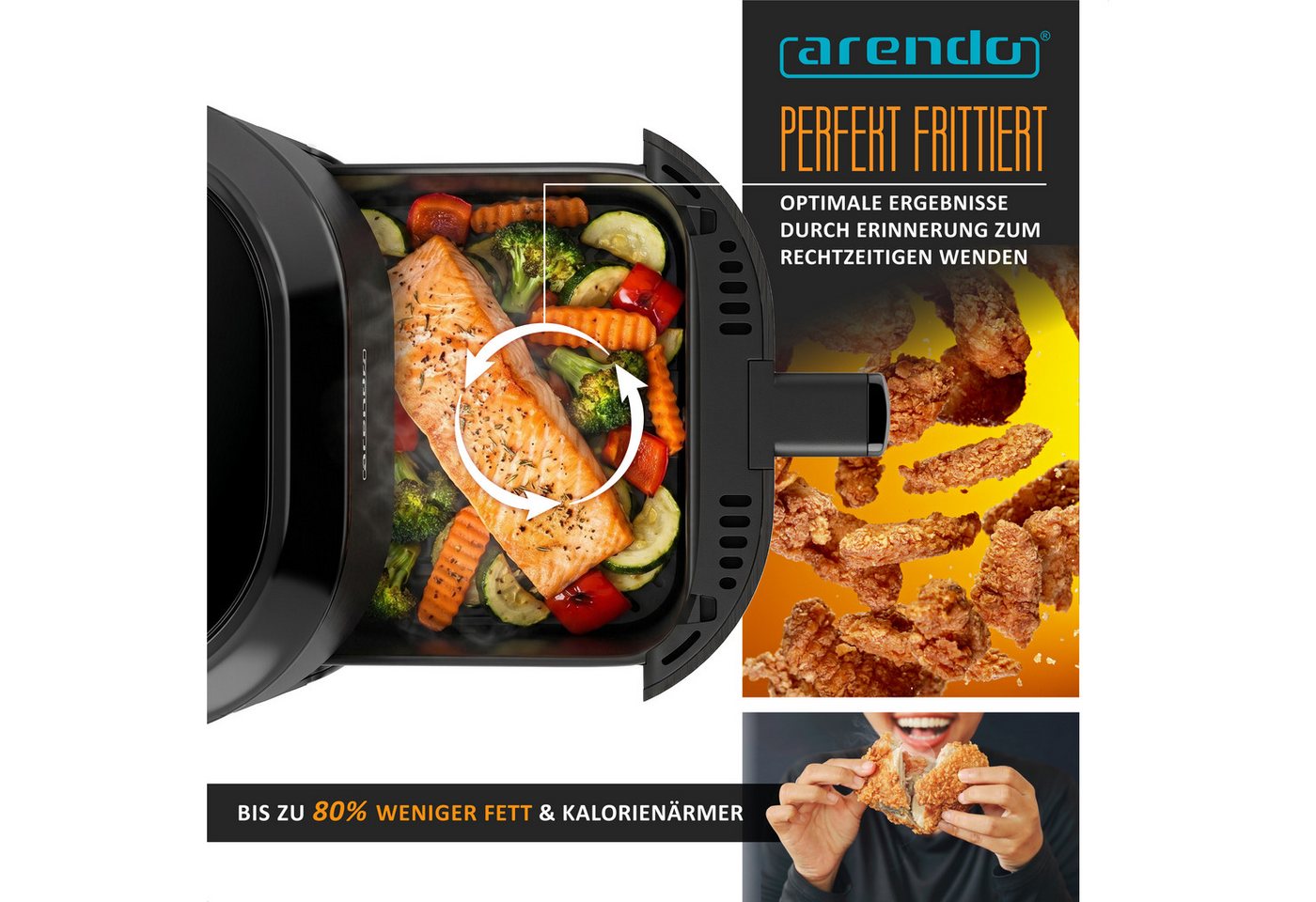 Arendo Heißluftfritteuse Mini-Airfryer 308537, 1000 W, mit Zubehör, Umluft Backofen, Edelstahl, fettarmes gesundes Kochen Bild 4