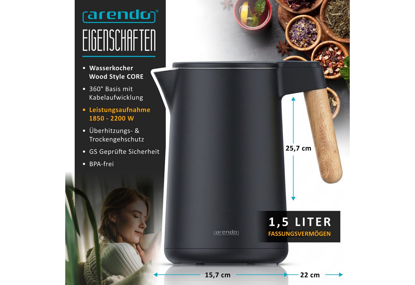 Arendo Wasserkocher Edelstahl, Doppelwand, Cool-Touch, 360° Basis, mit Griff in Holzoptik, 1,5 l, 2200 W, Trockengehschutz & Überhitzungsschutz, BPA-frei, GS Geprüft