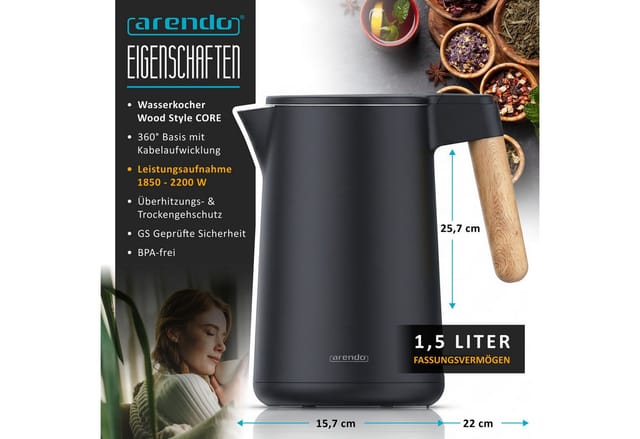 Arendo Wasserkocher Edelstahl, Doppelwand, Cool-Touch, 360° Basis, mit Griff in Holzoptik, 1,5 l, 2200 W, Trockengehschutz & Überhitzungsschutz, BPA-frei, GS Geprüft