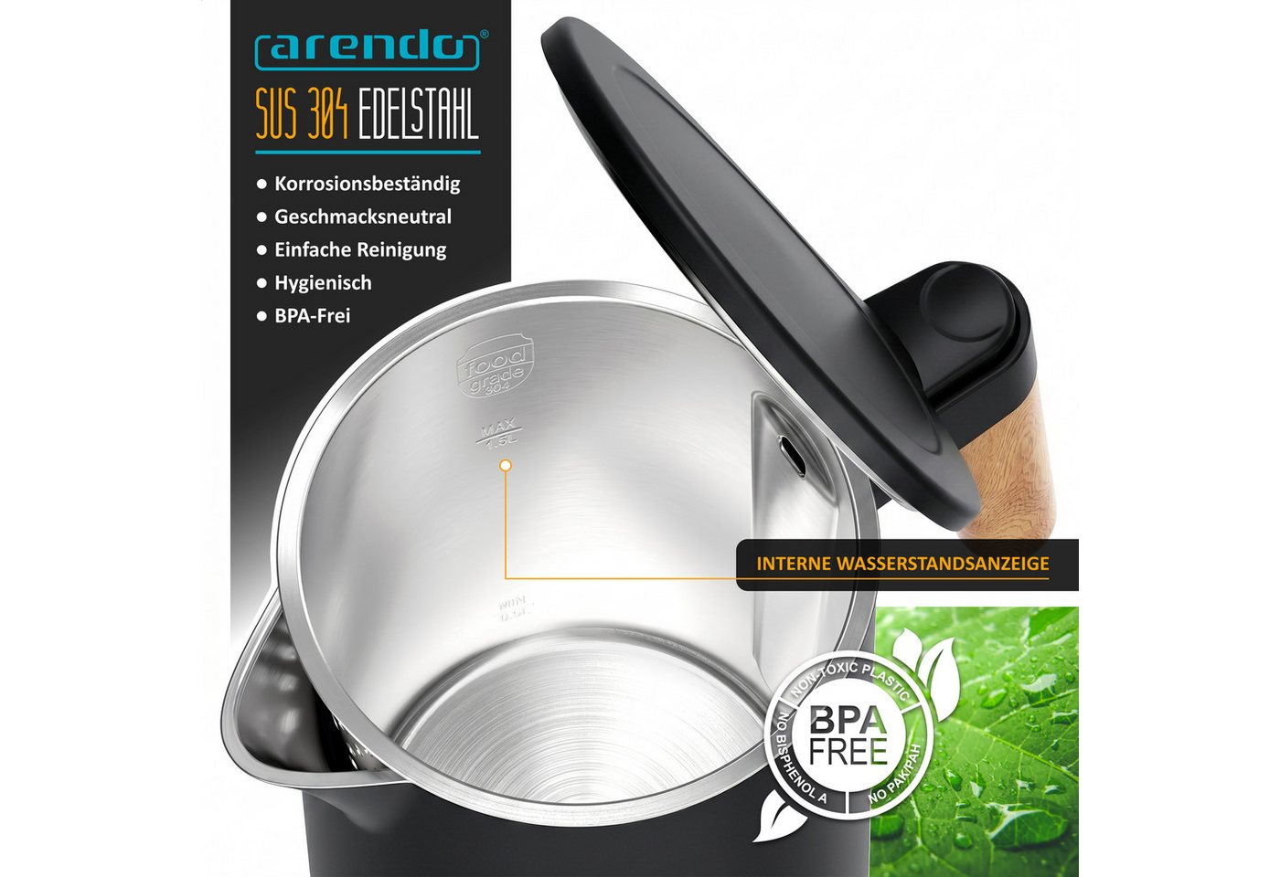 Arendo Wasserkocher Edelstahl, Doppelwand, Cool-Touch, 360° Basis, mit Griff in Holzoptik, 1,5 l, 2200 W, Trockengehschutz & Überhitzungsschutz, BPA-frei, GS Geprüft Bild 2