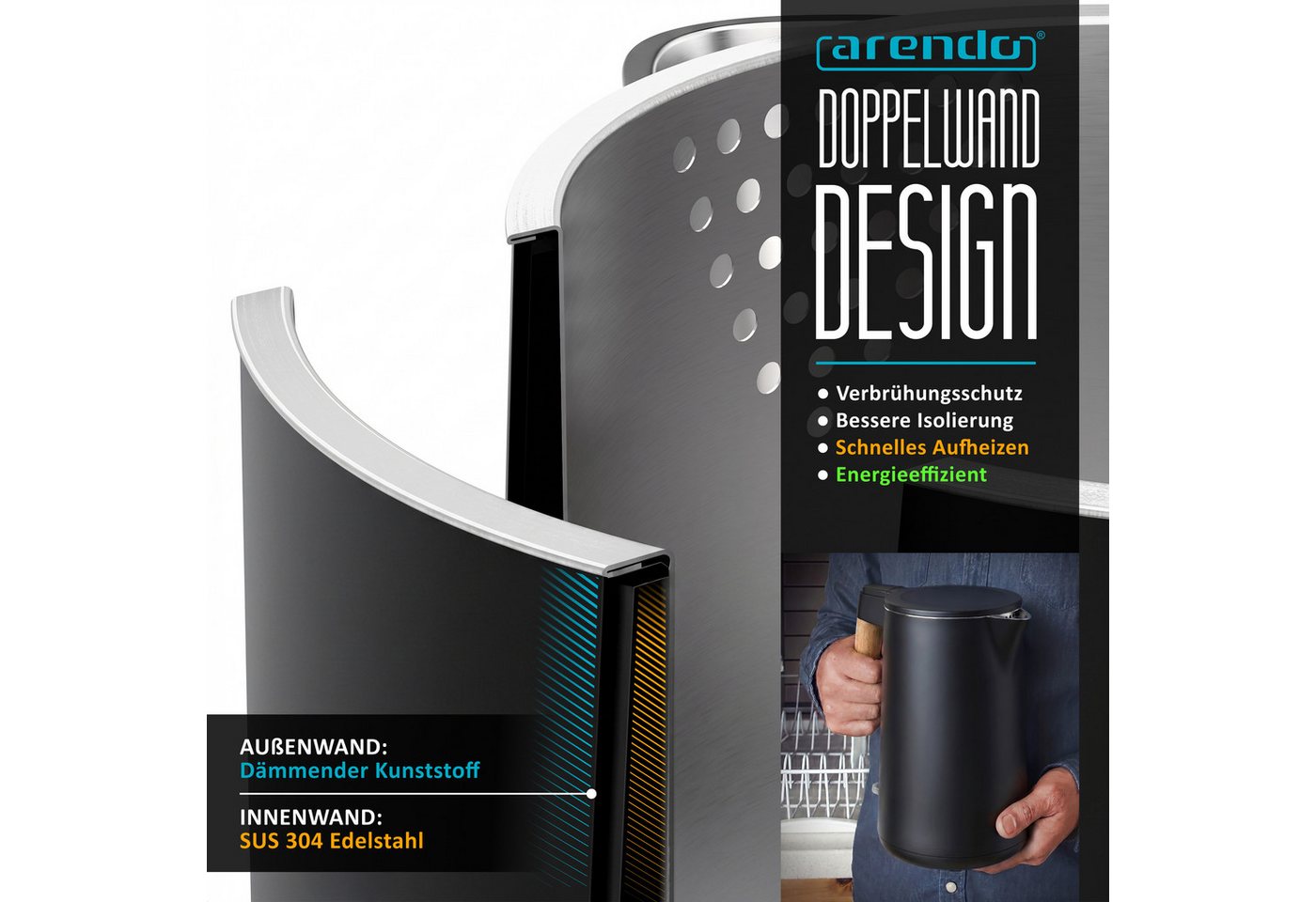 Arendo Wasserkocher Edelstahl, Doppelwand, Cool-Touch, 360° Basis, mit Griff in Holzoptik, 1,5 l, 2200 W, Trockengehschutz & Überhitzungsschutz, BPA-frei, GS Geprüft Bild 3