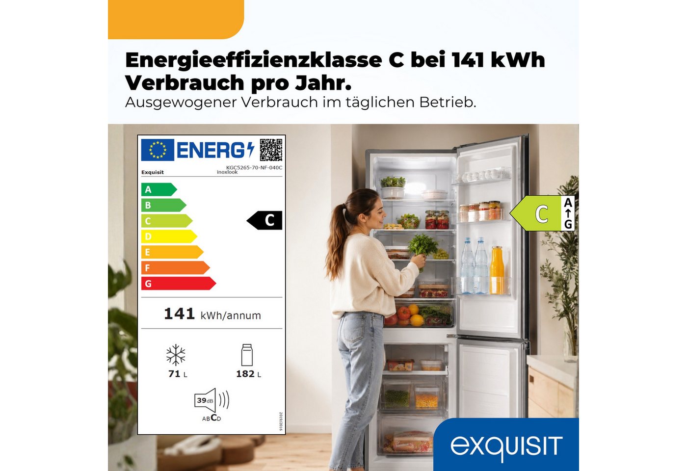 exquisit Kühl-/Gefrierkombination KGC5265-70-NF-040C, 180,5 cm hoch, 54,5 cm breit, 253 l Nutzinhalt, 182,0 l Kühlfach, 71,0 l 4 Sternefach Bild 3