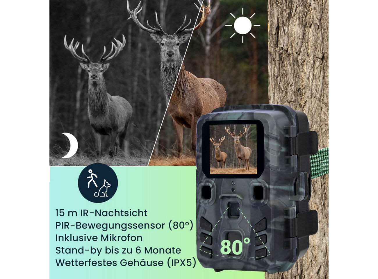 Casativo Wildkamera Full-HD-Wildkamera 20MP mit Solarpanel PIR-Sensor IR-Nachtsicht LEDs (20MP Full-HD, 15m IR-Nachtsicht, 180g leicht & 12W Solar) Bild 2