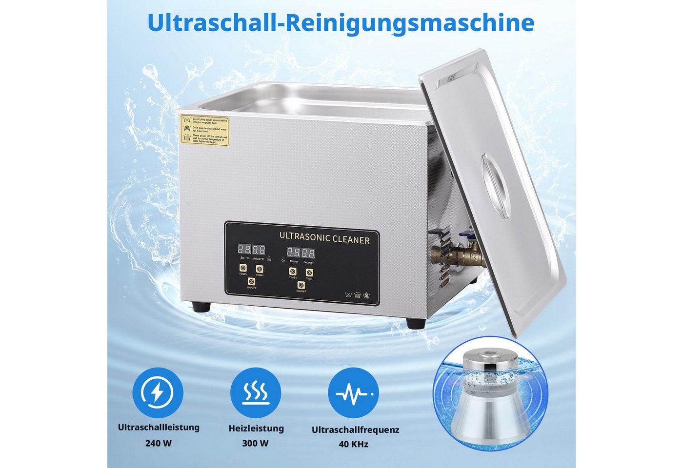 GarveeMore Ultraschallreiniger aus Edelstahl, für Brillen/Schmuck/Uhren, 10L, digitales Bedienfeld, Timer 0-30 Min, Heizung bis 80°C, 40kHz, 240W