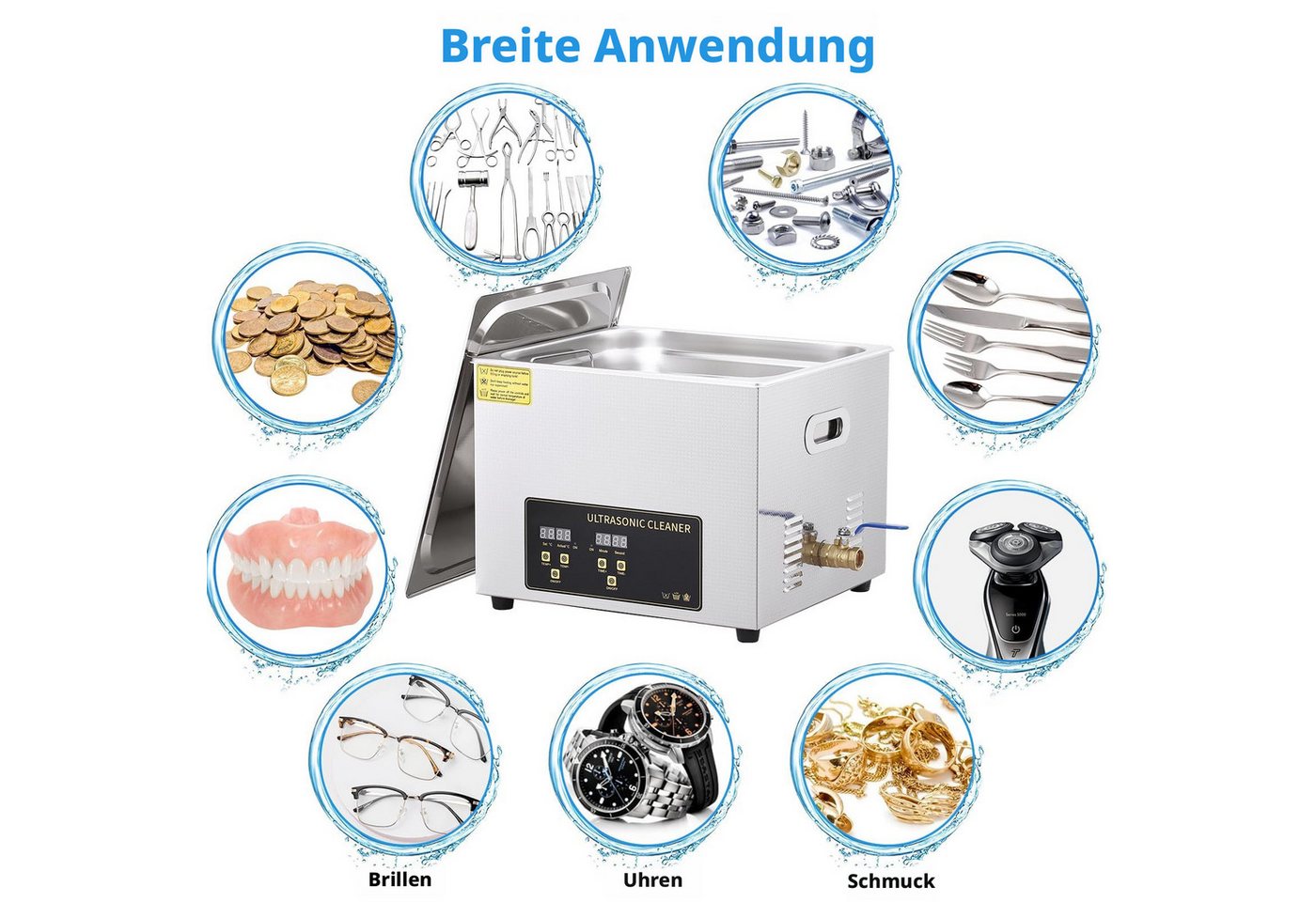 GarveeMore Ultraschallreiniger aus Edelstahl, für Brillen/Schmuck/Uhren, 10L, digitales Bedienfeld, Timer 0-30 Min, Heizung bis 80°C, 40kHz, 240W Bild 2