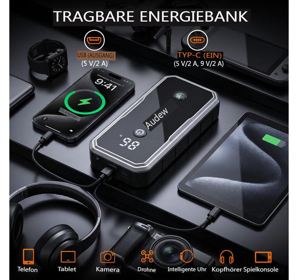 AUDEW 3000A Starthilfe Powerbank Starthilfegerät 14400 mAh, 12V Auto Starthilfe mit Großem LCD-Display, 3 Modi LED-Beleuchtung Bild 2