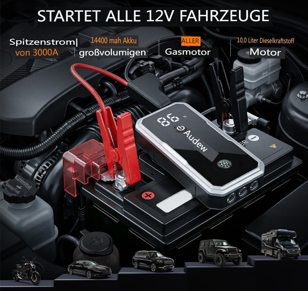 AUDEW 3000A Starthilfe Powerbank Starthilfegerät 14400 mAh, 12V Auto Starthilfe mit Großem LCD-Display, 3 Modi LED-Beleuchtung Bild 5