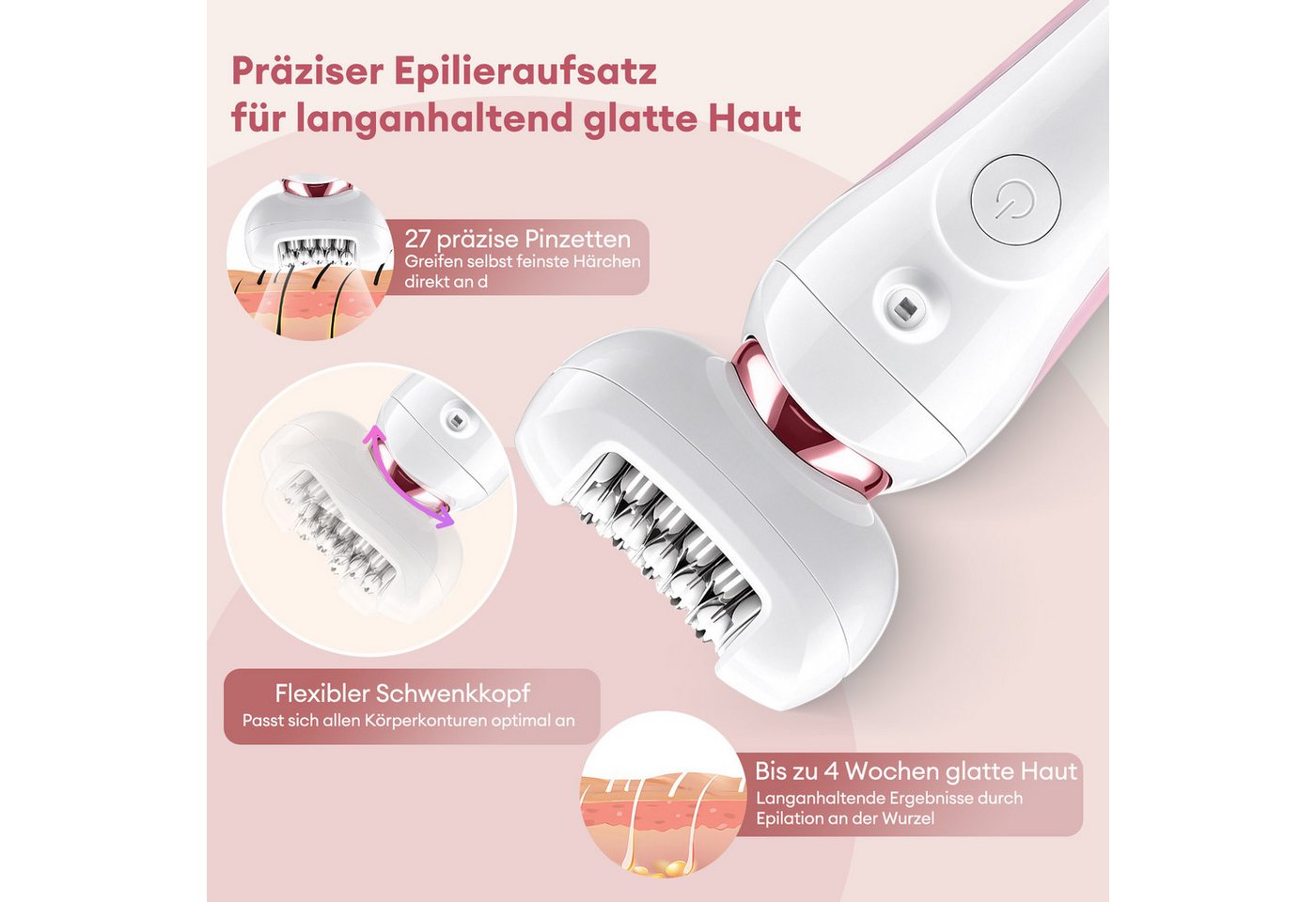 CkeyiN Epilierer Damen 5 IN 1 Damenrasierer IPX7 Nass und Trocken-Epilierer 6500U/min, Aufsätze: 5 St., mit Rasier-,Trimmer-,Gesichtsreinigung- und Pflege Aufsatz Reisesperre