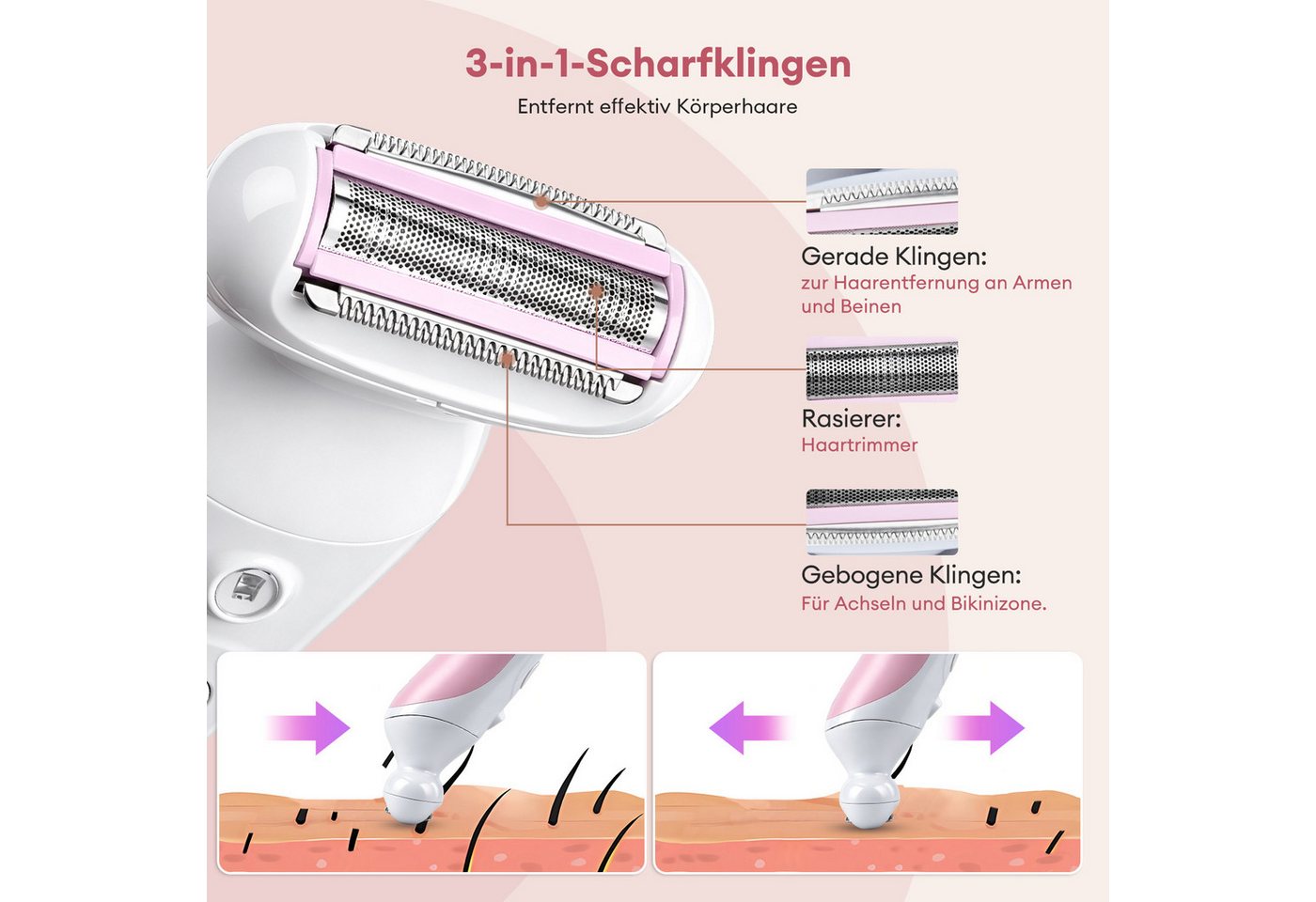 CkeyiN Epilierer Damen 5 IN 1 Damenrasierer IPX7 Nass und Trocken-Epilierer 6500U/min, Aufsätze: 5 St., mit Rasier-,Trimmer-,Gesichtsreinigung- und Pflege Aufsatz Reisesperre Bild 4