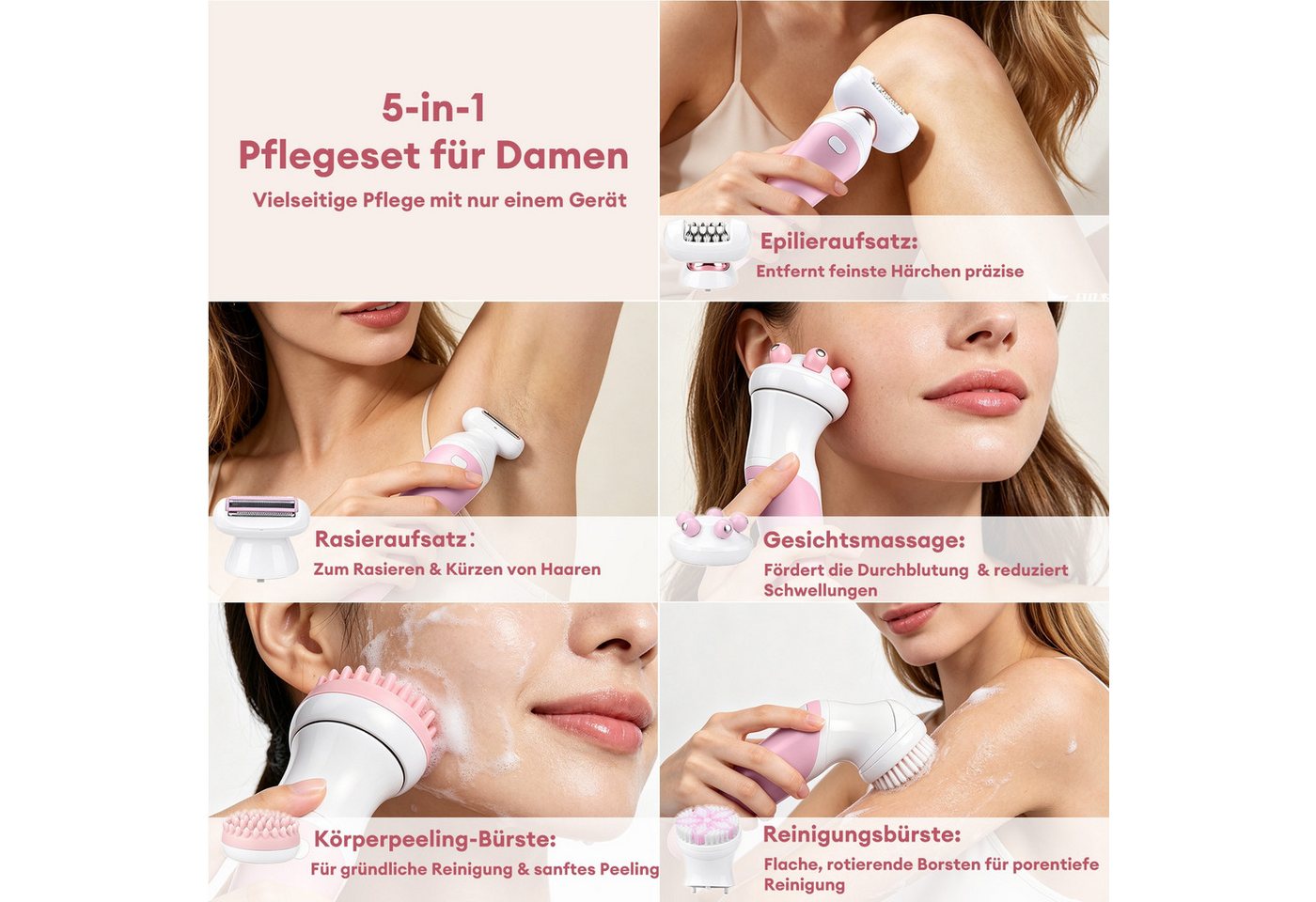 CkeyiN Epilierer Damen 5 IN 1 Damenrasierer IPX7 Nass und Trocken-Epilierer 6500U/min, Aufsätze: 5 St., mit Rasier-,Trimmer-,Gesichtsreinigung- und Pflege Aufsatz Reisesperre Bild 5