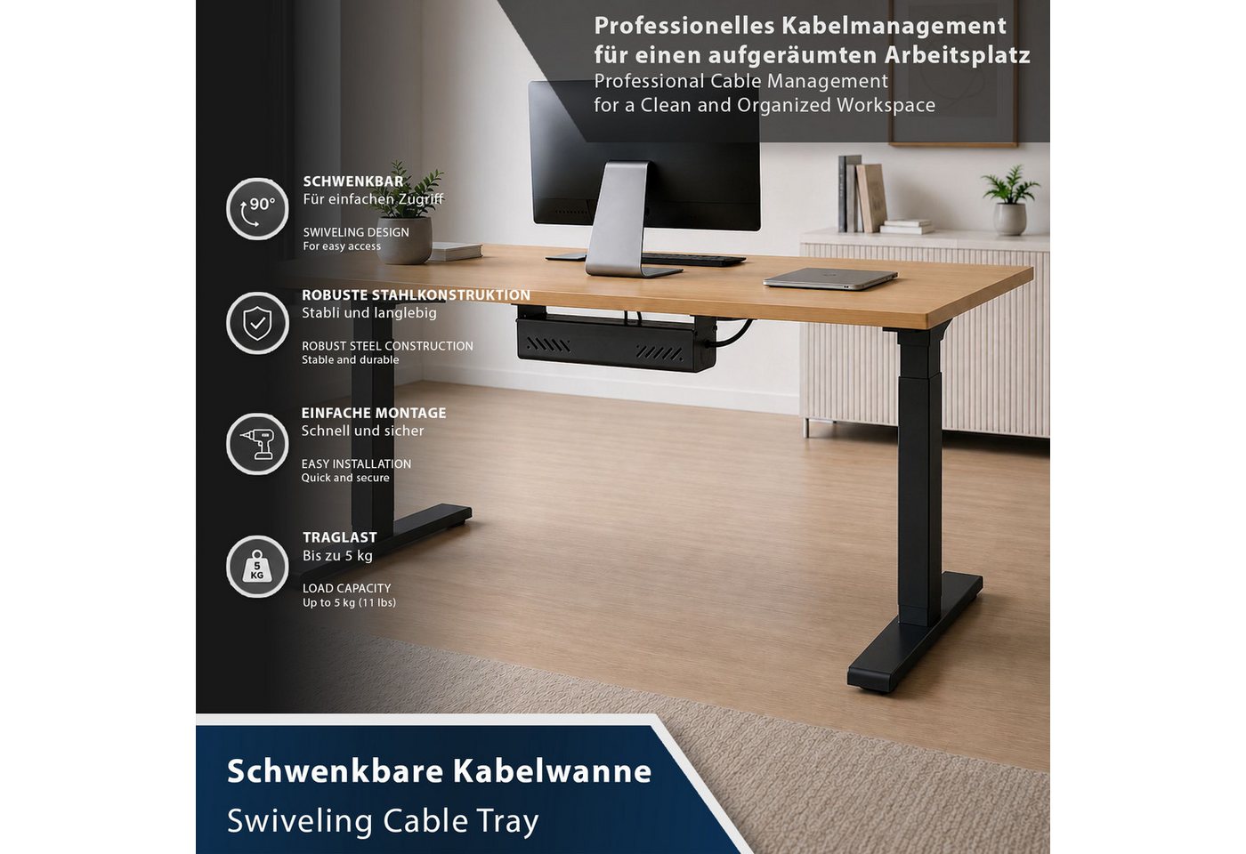 CAVO Kabelführung Kabelwanne für Schreibtische horizontal, schwenkbar (1-St), schwarz matt, Kabelmanagement 494 x 167 x 124 mm Bild 2