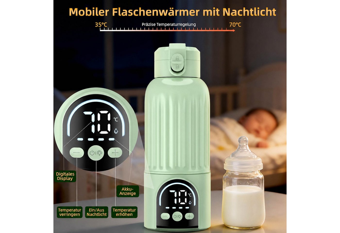 KINSI Babyflaschenwärmer Kabelloser Flaschenwärmer Baby 500ml, Akku Milchflaschenwärmer USB-C, 35–70°C Präzise Temperaturregelung, BPA-freies Material