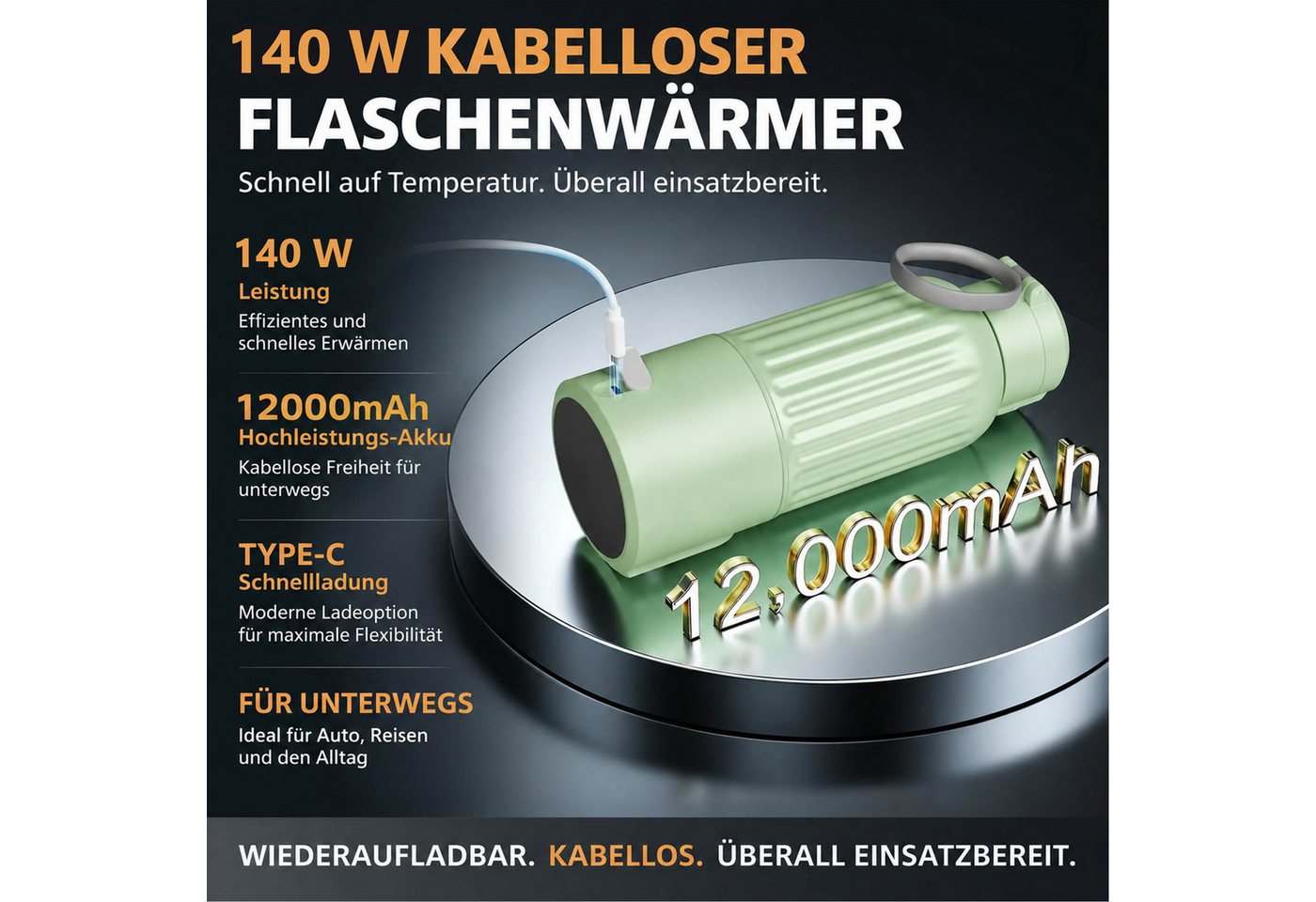 KINSI Babyflaschenwärmer Kabelloser Flaschenwärmer Baby 500ml, Akku Milchflaschenwärmer USB-C, 35–70°C Präzise Temperaturregelung, BPA-freies Material Bild 3