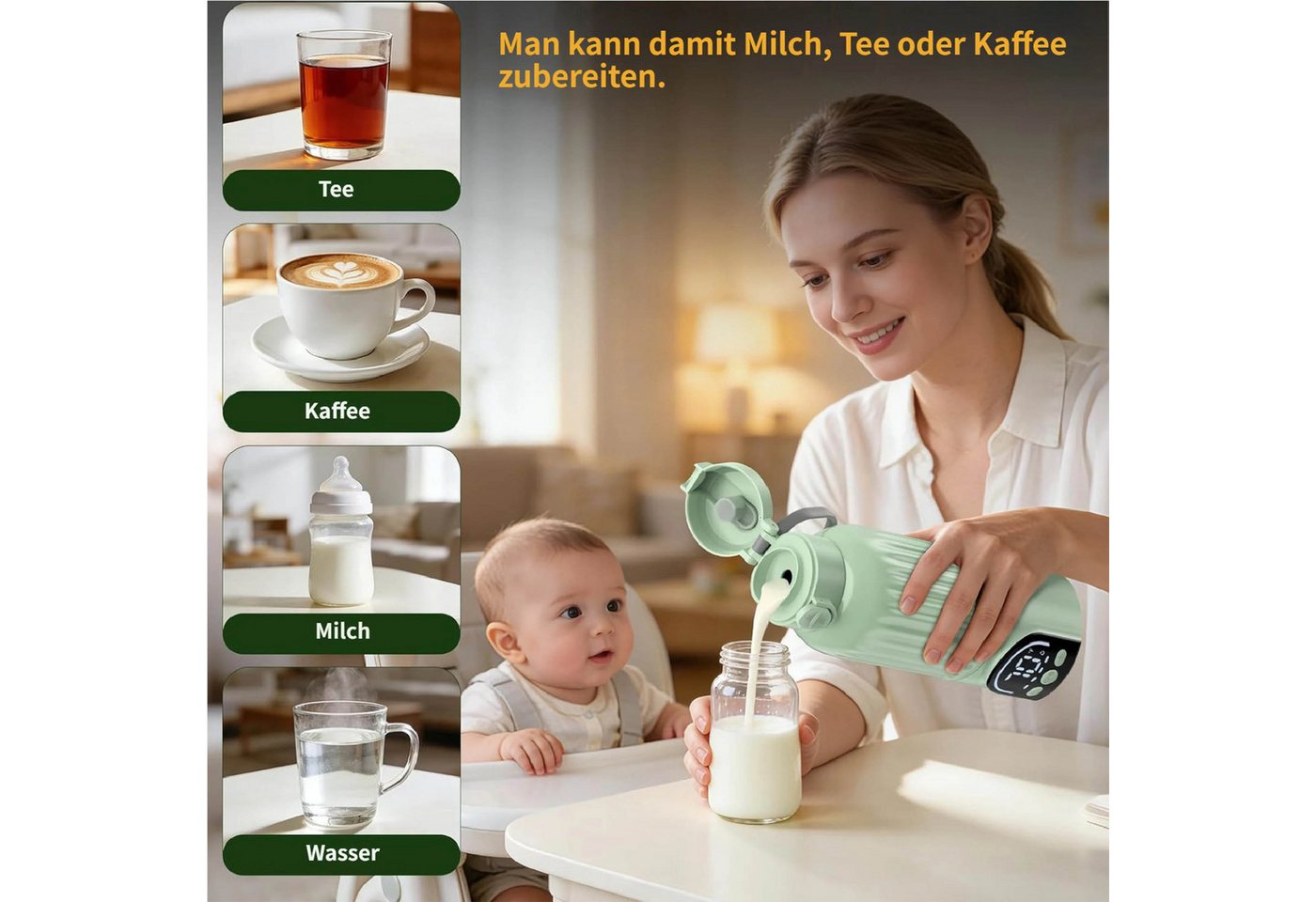 KINSI Babyflaschenwärmer Kabelloser Flaschenwärmer Baby 500ml, Akku Milchflaschenwärmer USB-C, 35–70°C Präzise Temperaturregelung, BPA-freies Material Bild 4