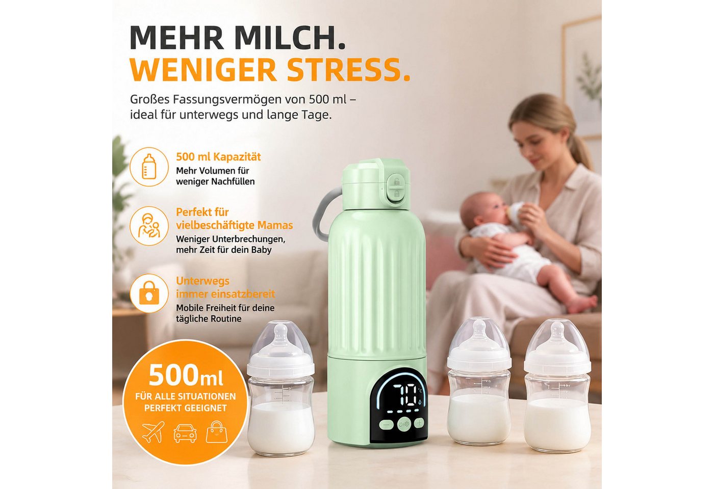 KINSI Babyflaschenwärmer Kabelloser Flaschenwärmer Baby 500ml, Akku Milchflaschenwärmer USB-C, 35–70°C Präzise Temperaturregelung, BPA-freies Material Bild 5