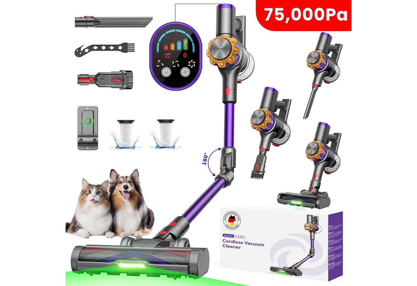 DyMona Akku-Hand-und Stielstaubsauger 75000Pa Akkustaubsauger 600W/70Min. Staubsauger Kabellos freistehend, 1,2L Elektrischer Staubsauger Flexibles Biegegelenk,Anti-Tangle Bürste, 7-fach Filtersystem,OLED Display für Böden/Teppiche/Auto/Allergiker Bild 3