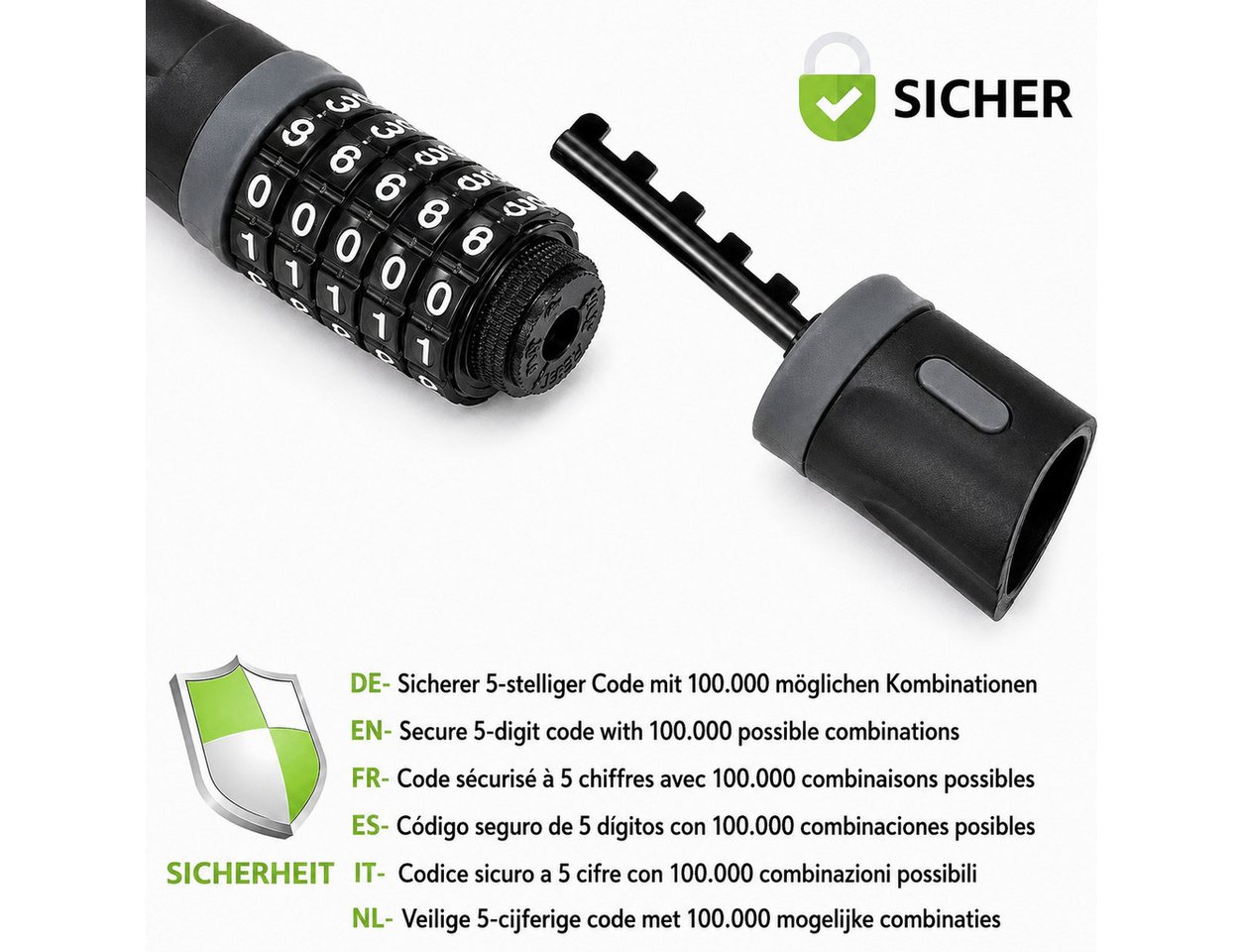 ibettertec Zahlenkettenschloss Fahrradschloss Ketten mit Zahlen und gehärteter kette, (Diebstahlschutz,Nylon-Außenhülle schützt die Kette vor Rost, 5-stelliges Zahlenschloss,Geeignet für Fahrrad), E-Bike, Scooter
