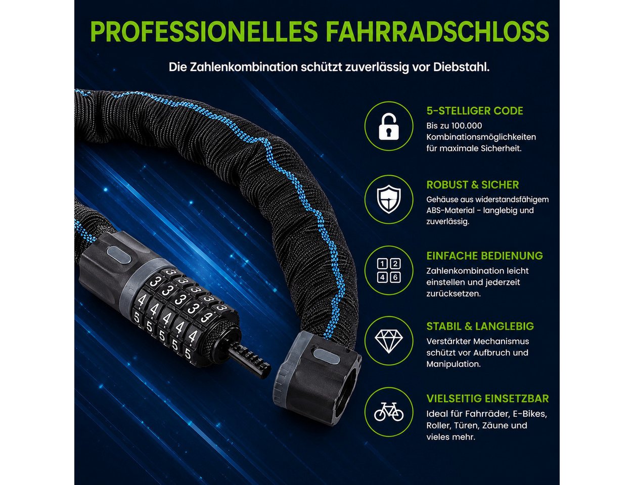 ibettertec Zahlenkettenschloss Fahrradschloss Ketten mit Zahlen und gehärteter kette, (Diebstahlschutz,Nylon-Außenhülle schützt die Kette vor Rost, 5-stelliges Zahlenschloss,Geeignet für Fahrrad), E-Bike, Scooter Bild 2