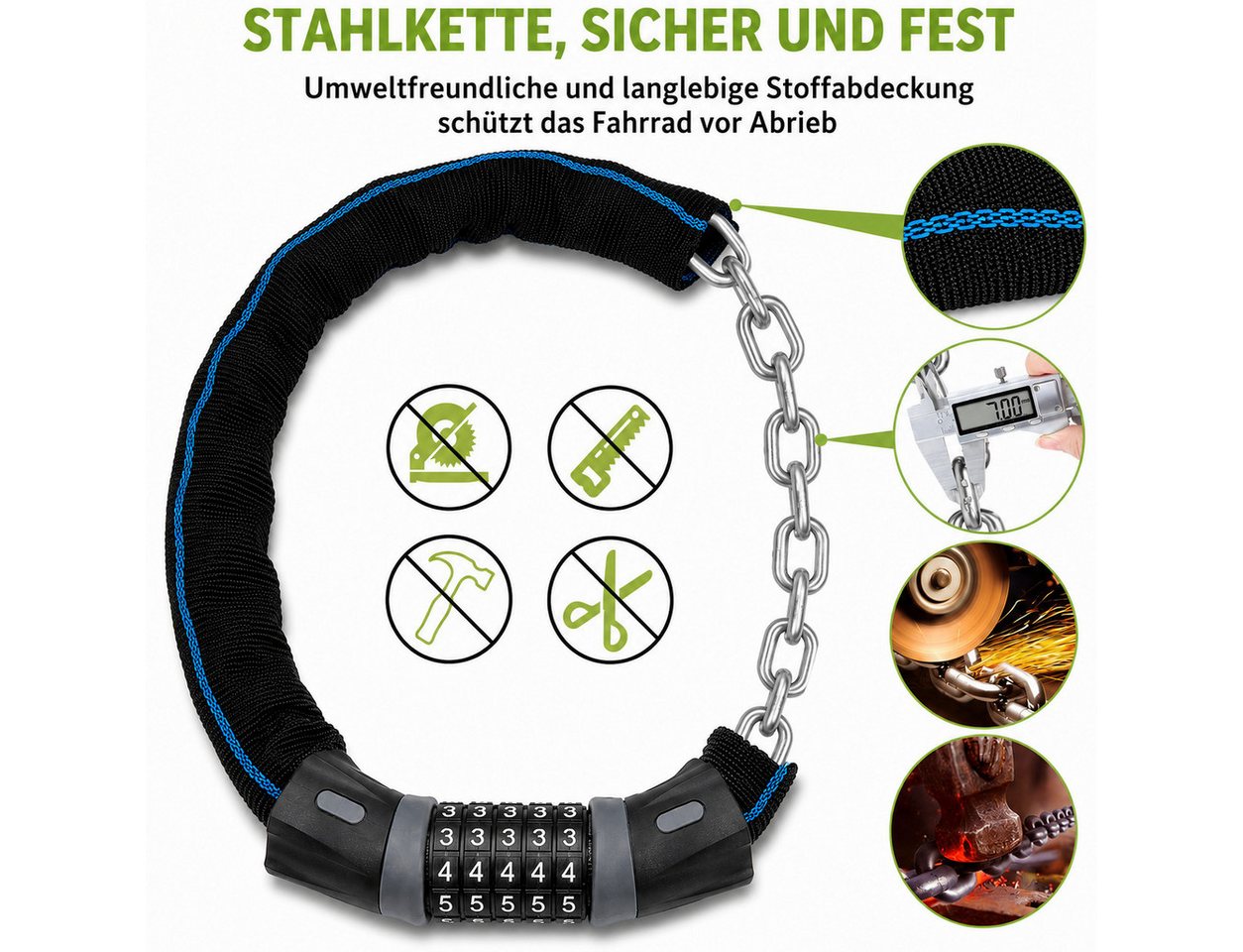 ibettertec Zahlenkettenschloss Fahrradschloss Ketten mit Zahlen und gehärteter kette, (Diebstahlschutz,Nylon-Außenhülle schützt die Kette vor Rost, 5-stelliges Zahlenschloss,Geeignet für Fahrrad), E-Bike, Scooter Bild 4