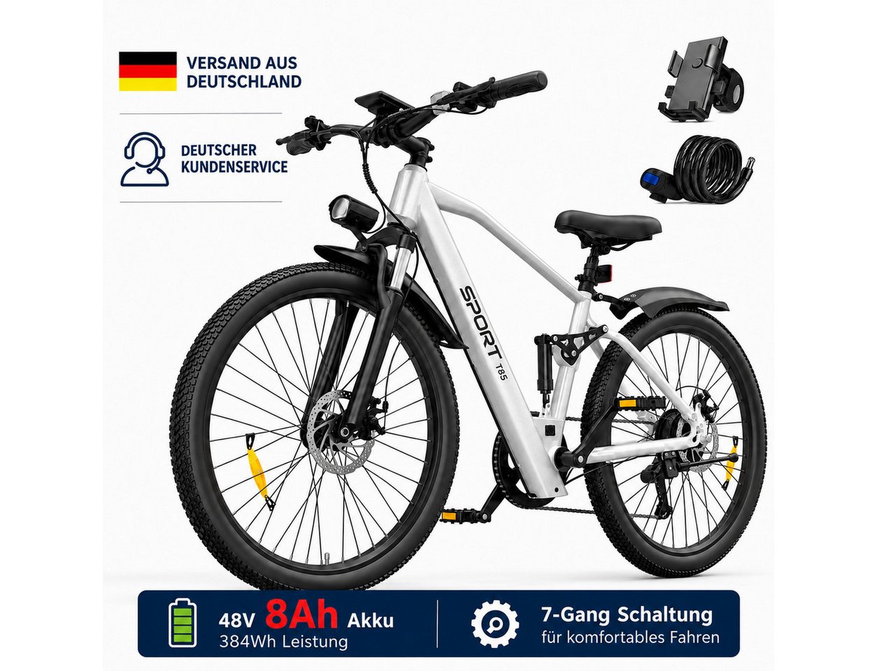 PixelPilot E-Bike Cityrad 26 Zoll Elektrofahrrad 48V 13Ah Akku Abnehmbarer Korb, 7 Gang, Nabenmotor, 624 Wh, (Packung) Bild 2