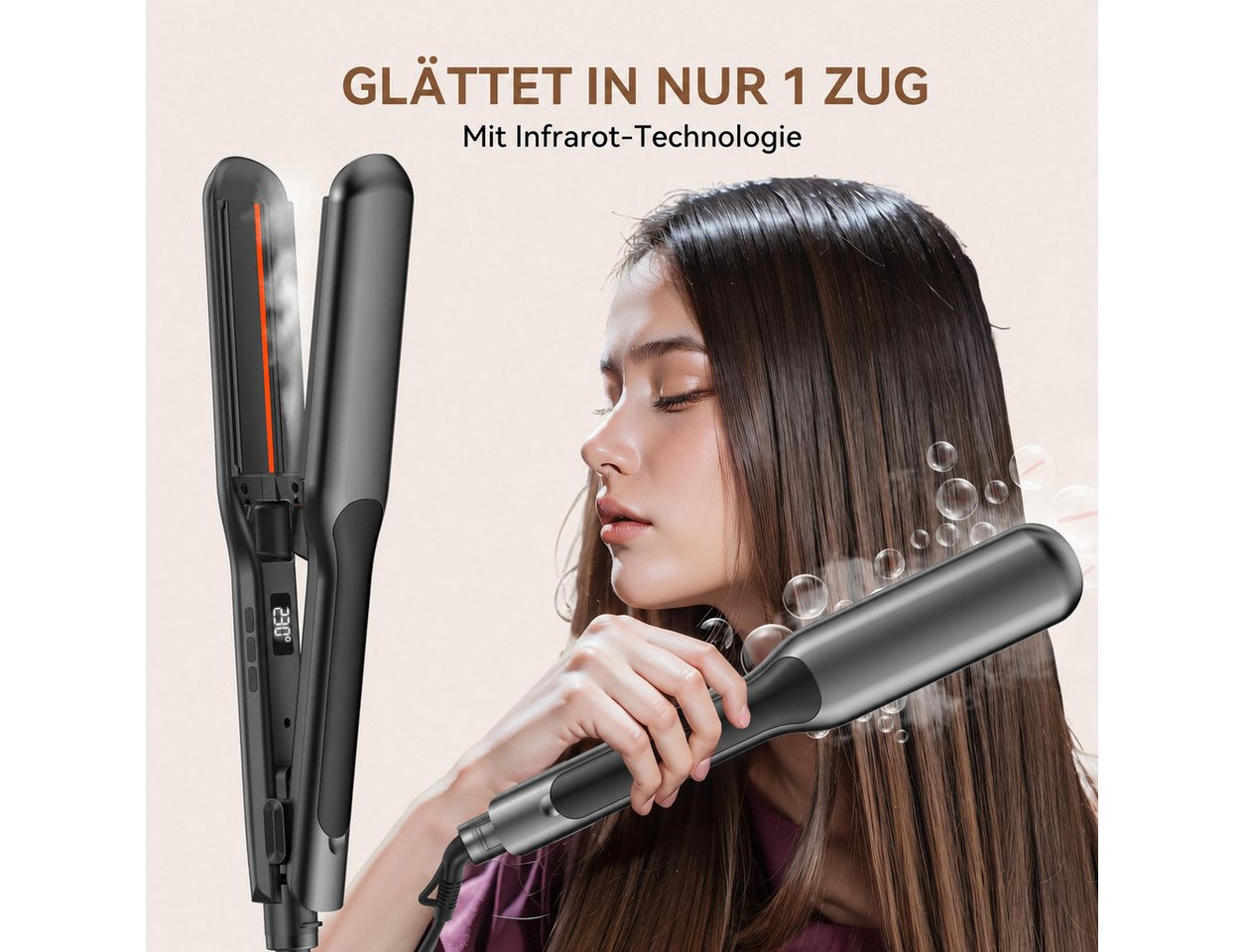 UKLISS Dampf-Haarglätter mit breiten Platten und LCD-Display, Haarglätter für ultraglattes Haar Keramik-Beschichtung, Temperatureinstellung 100–230 °C mit Haarschutz Bild 3