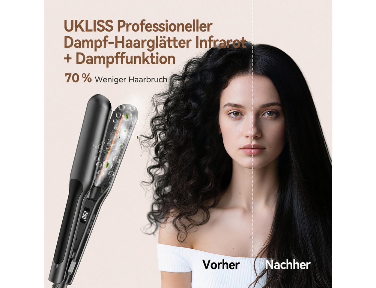 UKLISS Dampf-Haarglätter mit breiten Platten und LCD-Display, Haarglätter für ultraglattes Haar Keramik-Beschichtung, Temperatureinstellung 100–230 °C mit Haarschutz Bild 4