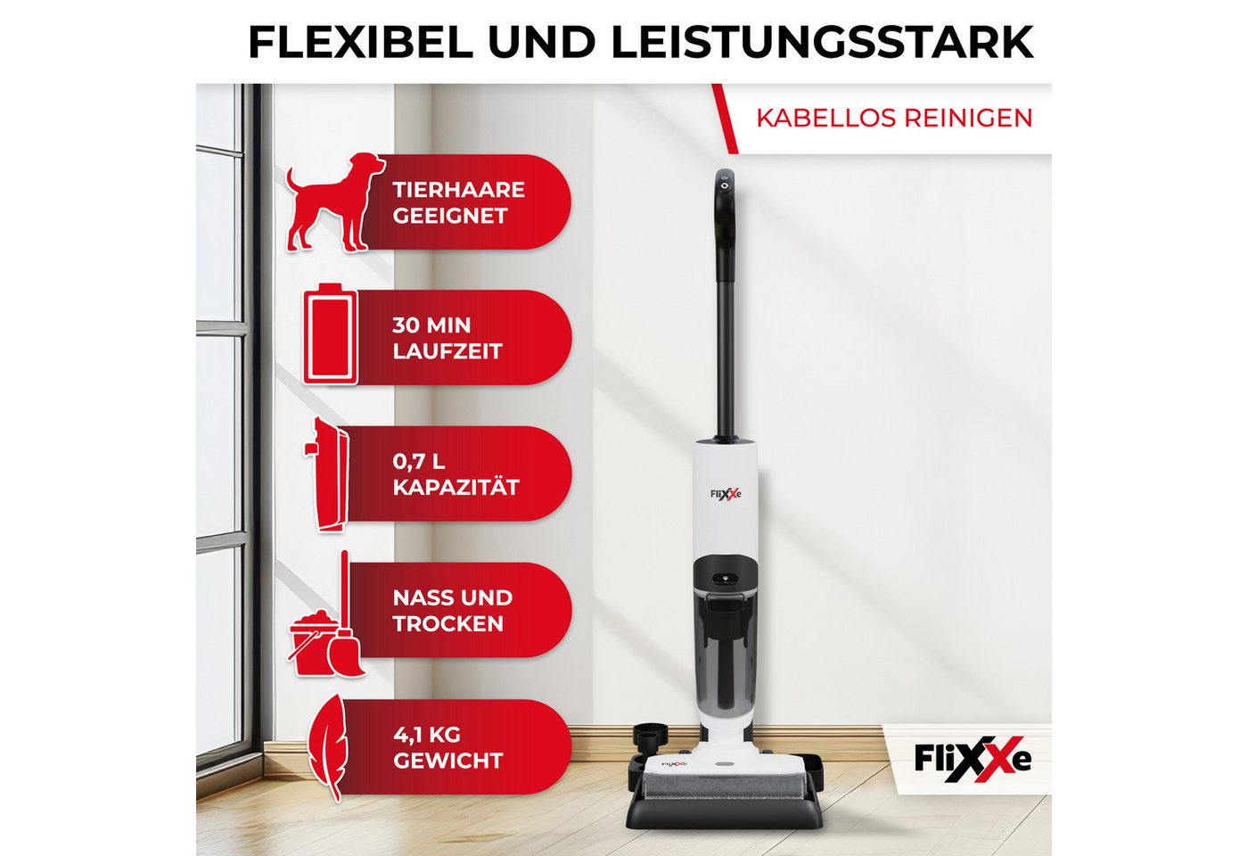 FliXXe Nass-Trocken-Sauger 2X2 Squizzle, 150 W, Kabellos und beidseitige Kantenreinigung. Bild 4