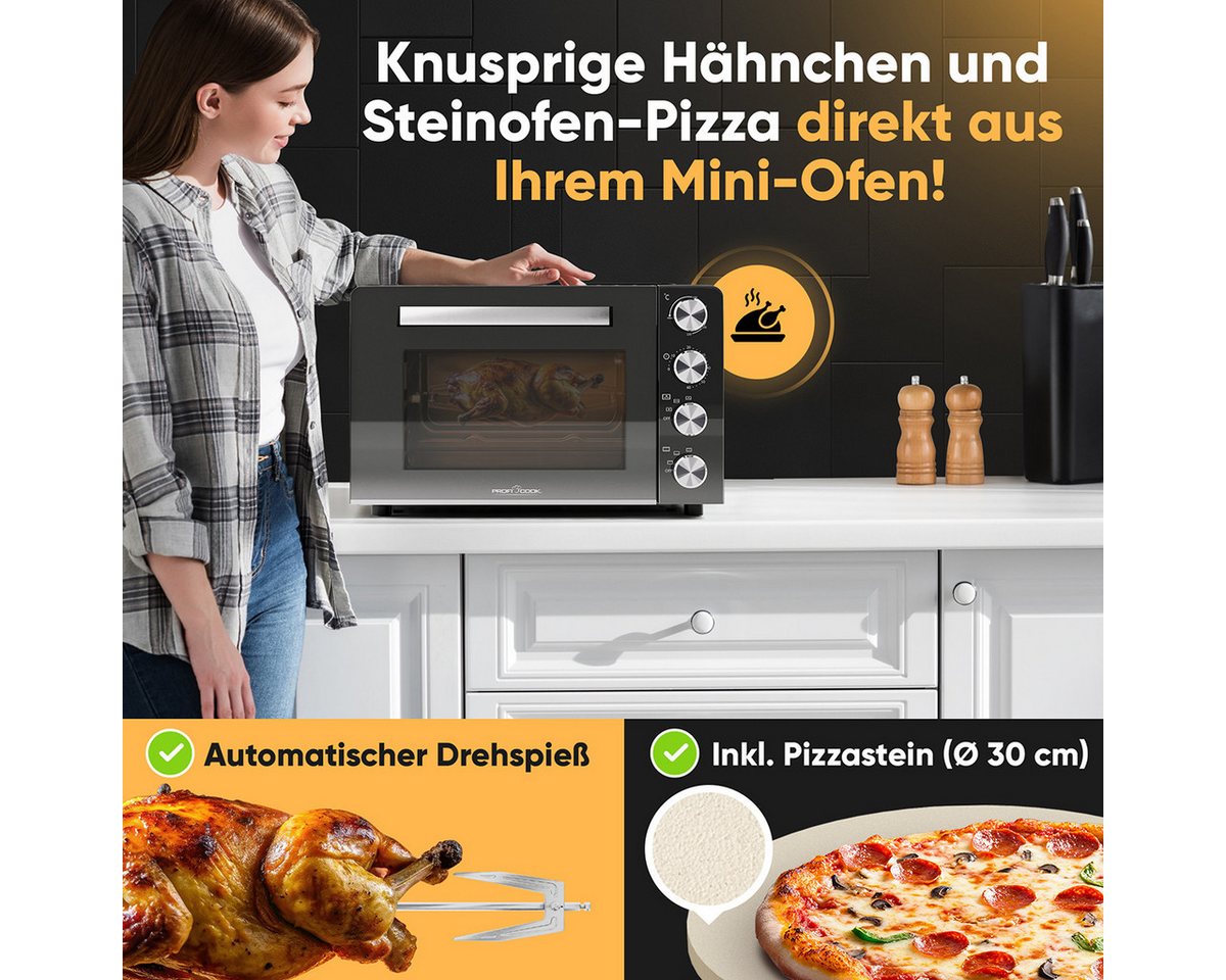 ProfiCook Minibackofen PC-MBG 1277, 30L, Ober-/Unterhitze, Umluft, Drehspieß