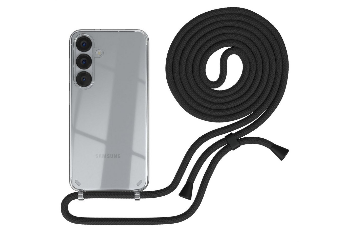 EAZY CASE Handykette Hülle mit Kette für Samsung Galaxy S25 6,2 Zoll, Handykette Hülle mit Band Slimcover Schutzhülle Schwarz Clips Schwarz