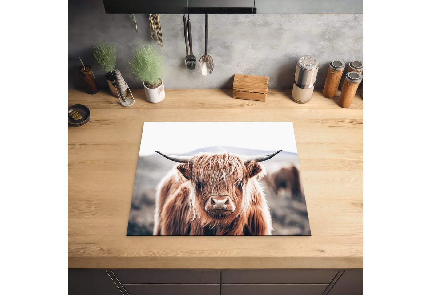 MuchoWow Herd-Abdeckplatte Schottischer Highlander - Berg - Hoorn, Vinyl, (1 tlg), Ceranfeldabdeckung Küche, Herdabdeckplatte Einteilig, 59x51 cm Bild 4
