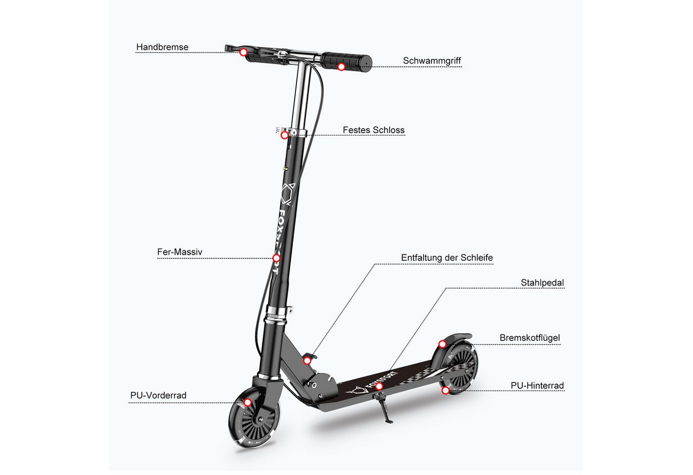 FOXSPORT Cityroller Kick Scooter Faltbarer Kinderoller, 1 km/h, (Set, mit Schutzblechen), klappbar&höhenverstellbar Scooter 4.7 Zoll Räder Maximale 50 kg