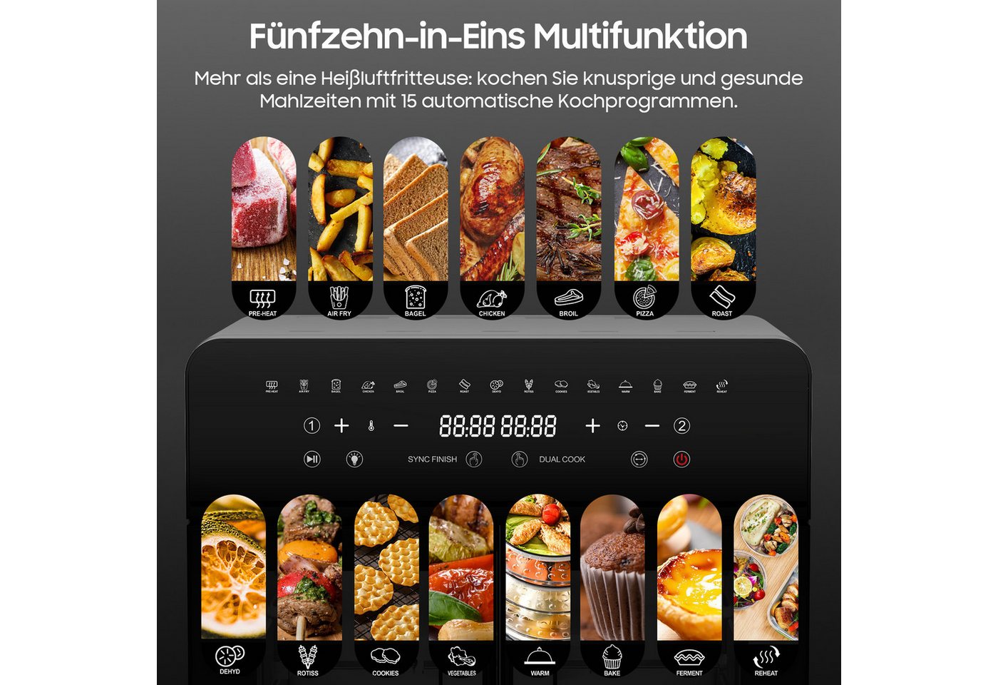 AIMAX Heißluftfritteuse XXL 23 L – Dual-Zone Airfryer mit Doppeltür, LED-Touch, 2200 W, 12 Zubehör, Trennwand abnehmbar, 15-in-1 Smart-Ofen, Grill & Backen Bild 3