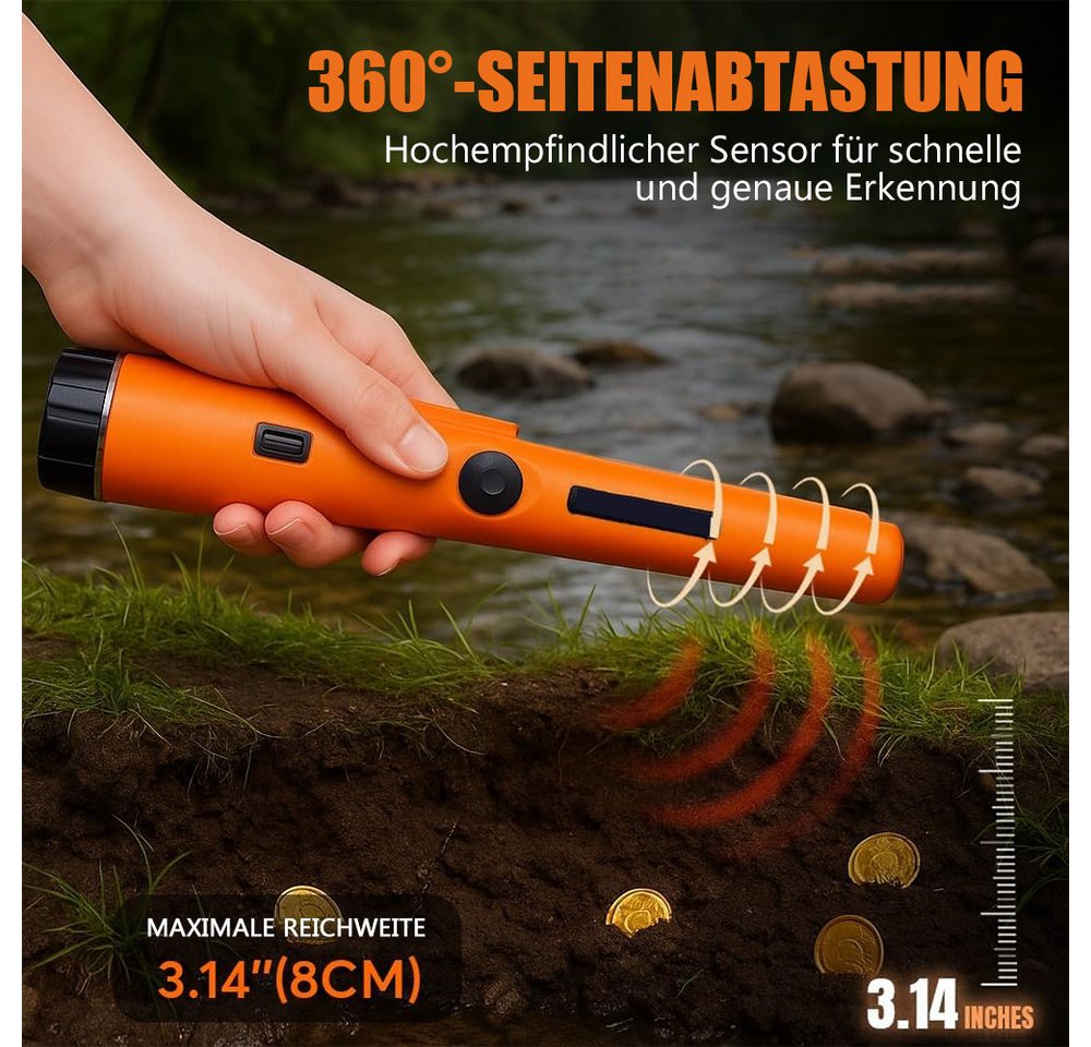 TUWENA Metalldetektor Metalldetektor Klein, Tragbar Metallsuchgerät IP66 Wasserdichter, Mit LED Indicator/Alarm Licht/Holster für Goldsuche, Schmuck, Silber Bild 4